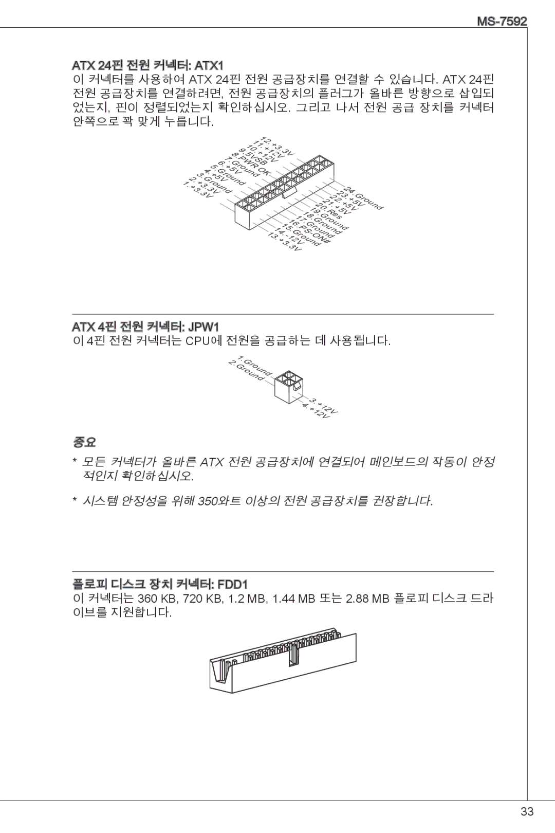 MSI G41M4-F manual 4핀 전원 커넥터는 CPU에 전원을 공급하는 데 사용됩니다 