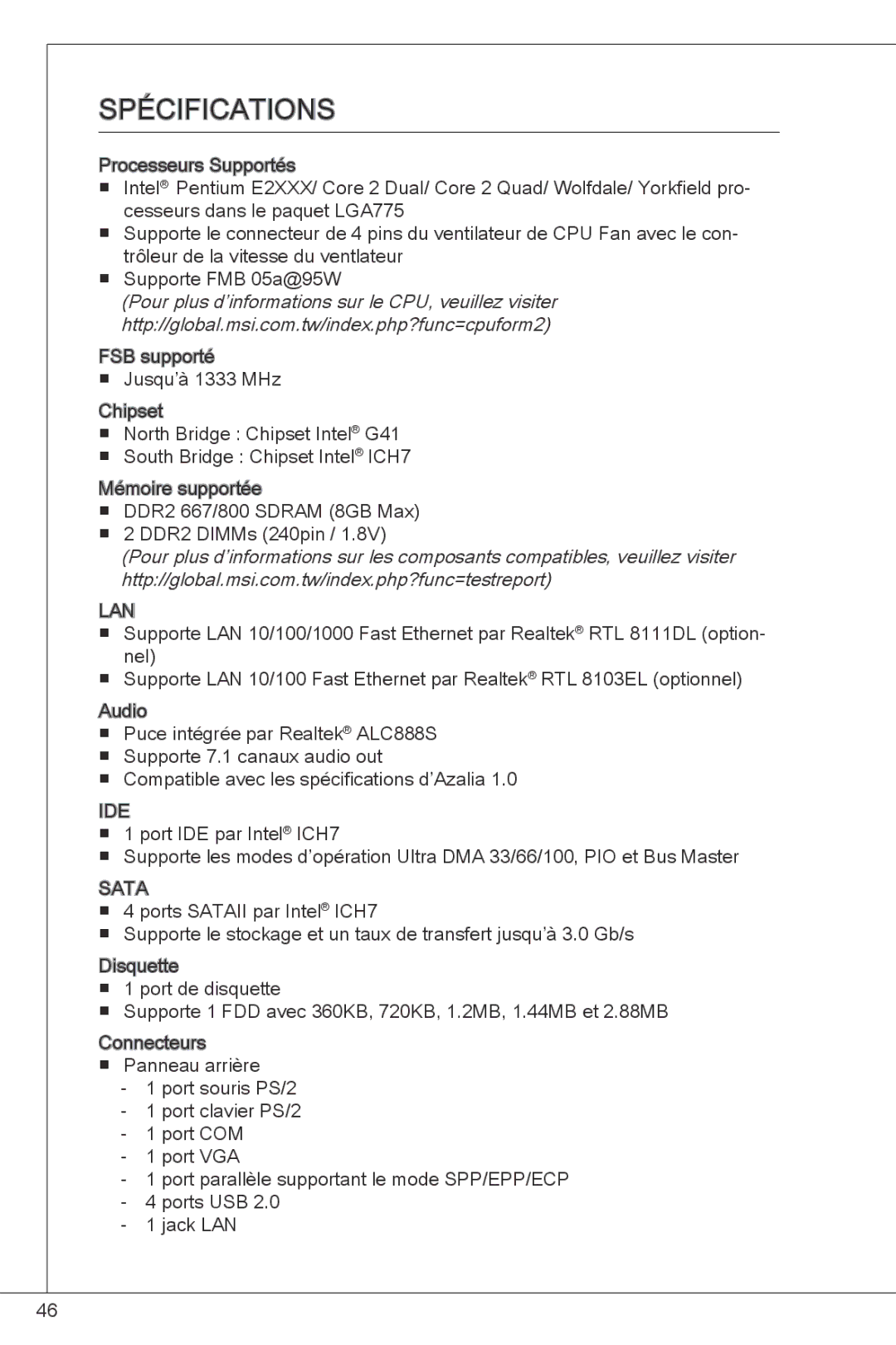 MSI G41M4-F manual SPéCIFICATIONS 