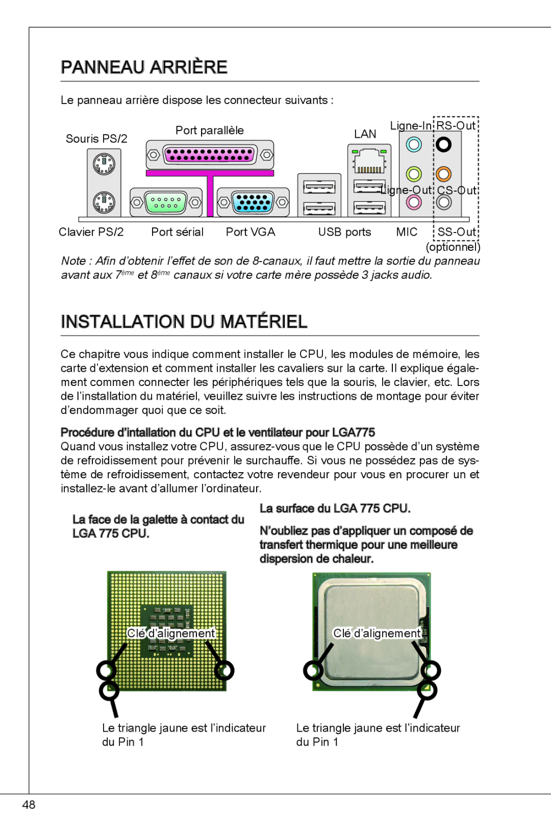 MSI G41M4-F manual Panneau arrière, Installation du matériel 