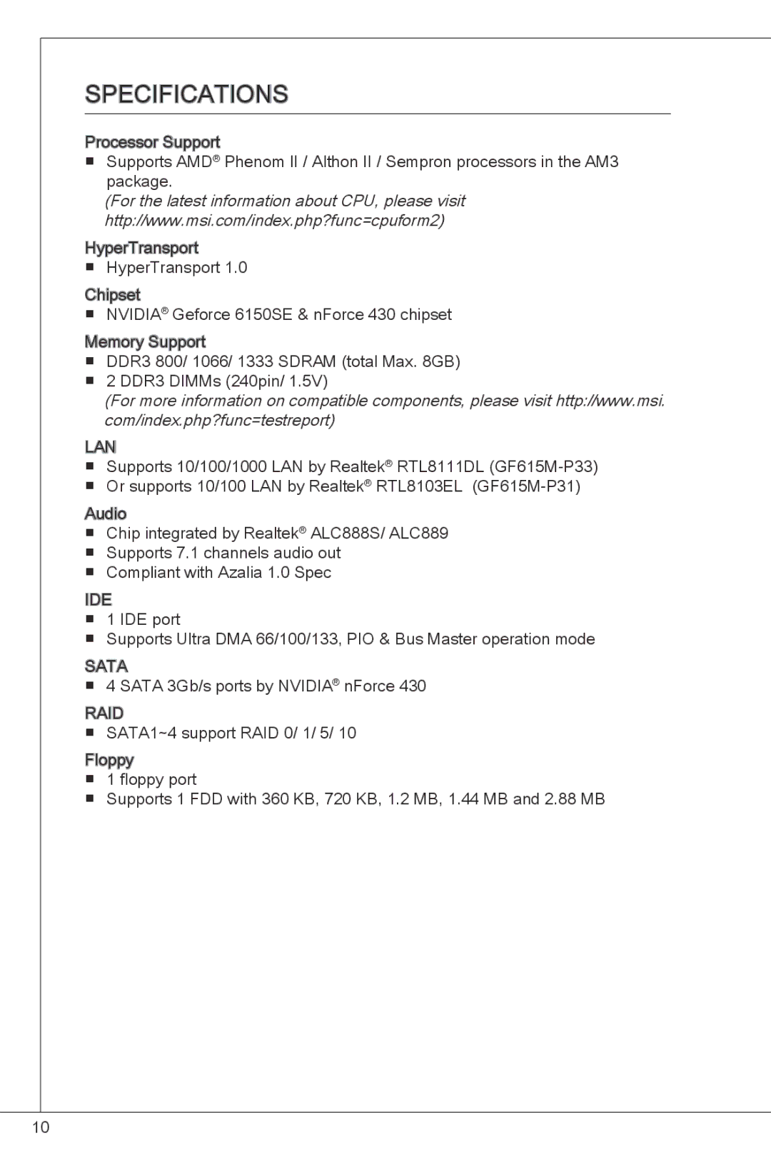 MSI GF615M-P33 manual Lan, Ide, Sata, Raid 