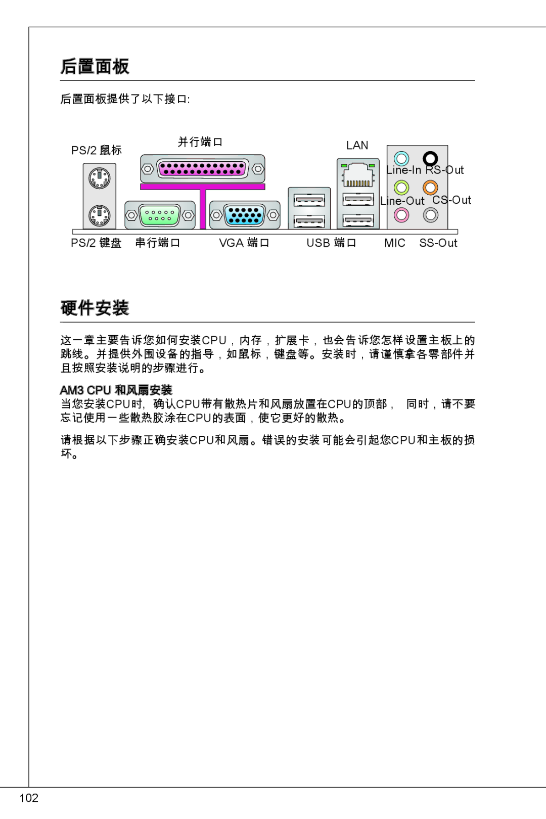 MSI GF615M-P33 manual 后置面板, 硬件安装 