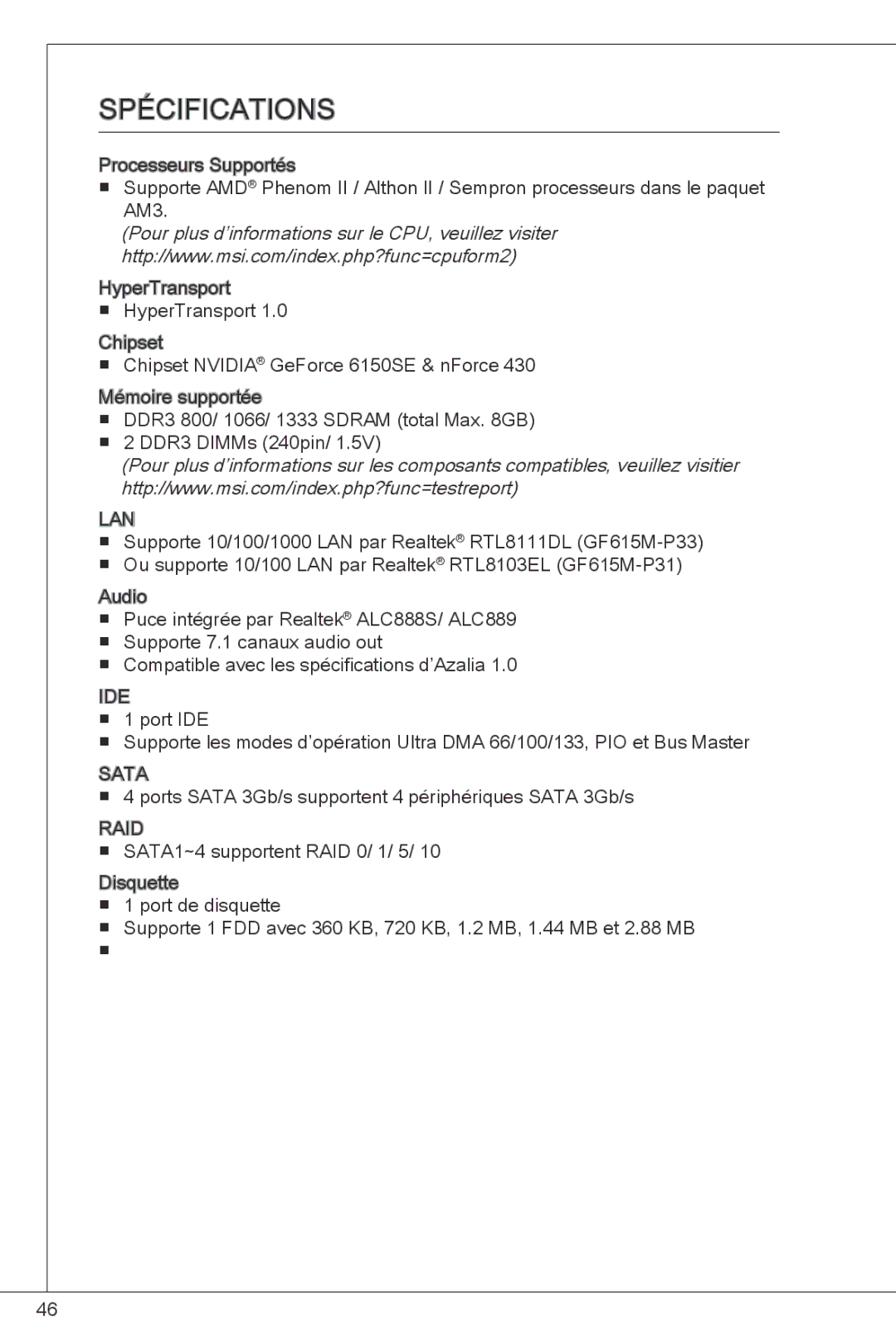 MSI GF615M-P33 manual SPéCIFICATIONS, Lan 