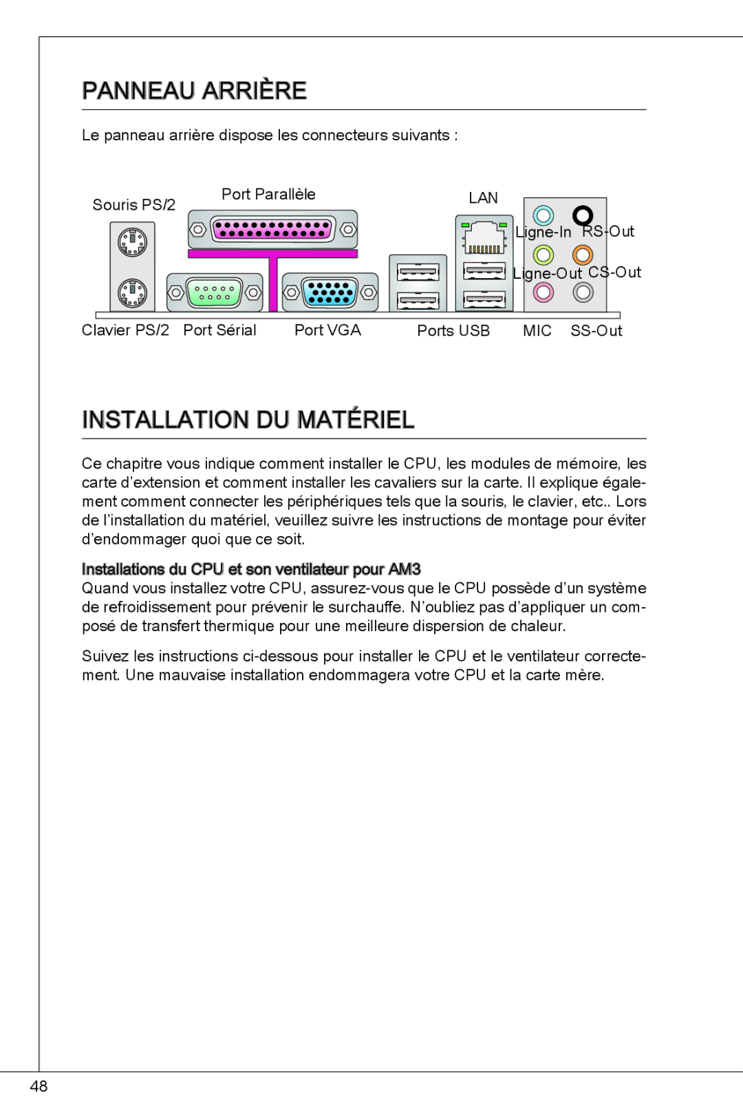 MSI GF615M-P33 manual Panneau arrière, Installation du matériel 