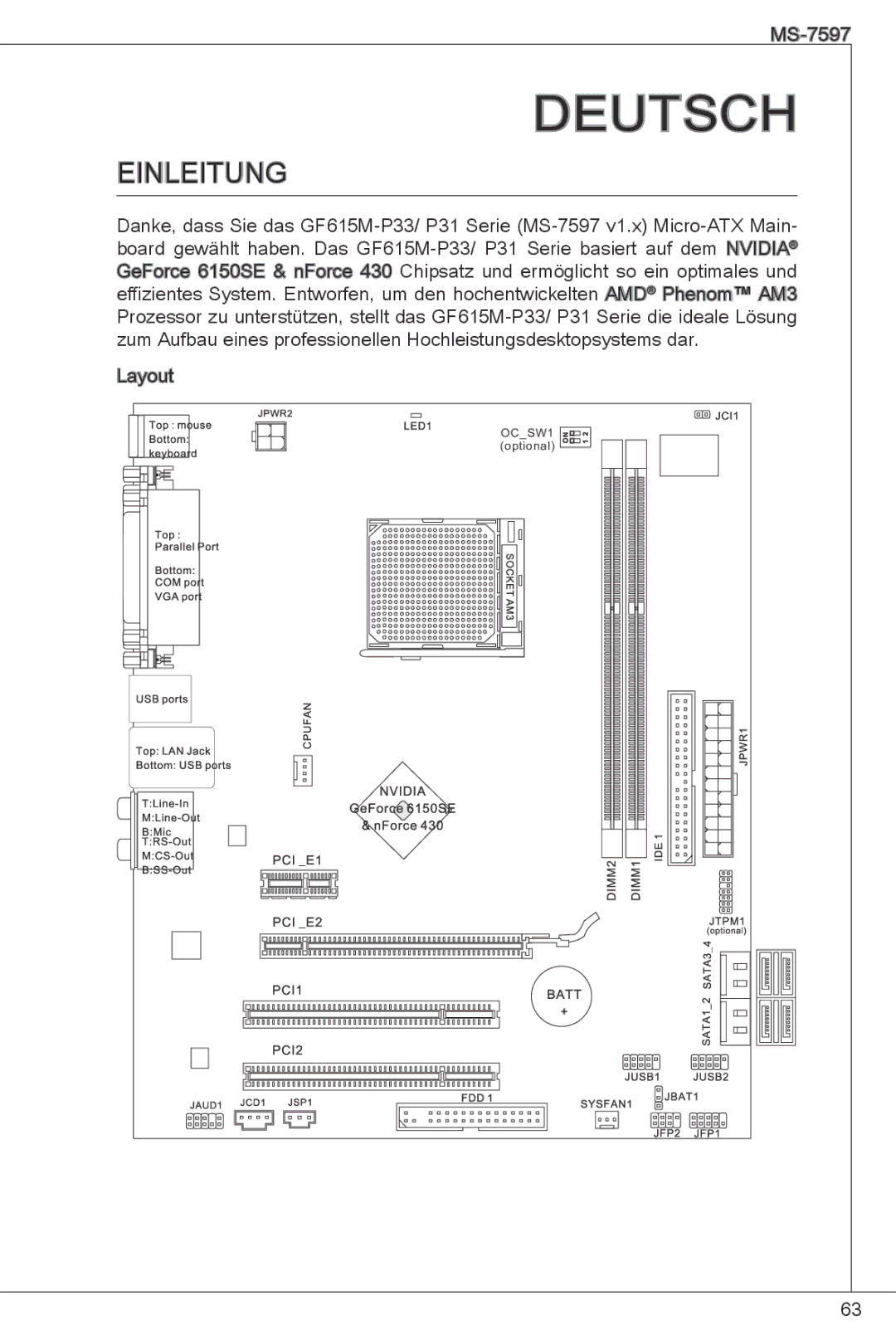 MSI GF615M-P33 manual Deutsch, Einleitung 