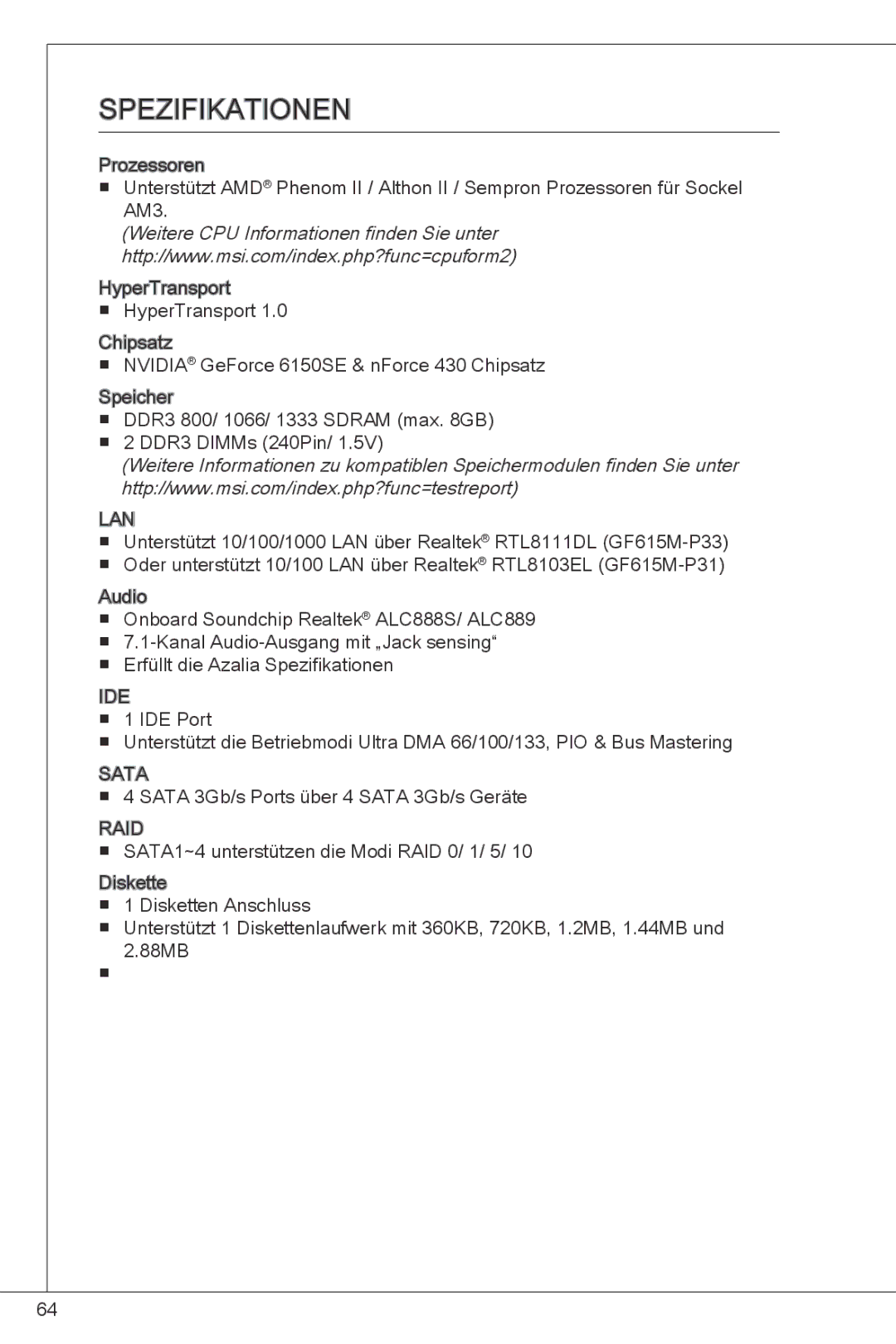 MSI GF615M-P33 manual Spezifikationen 