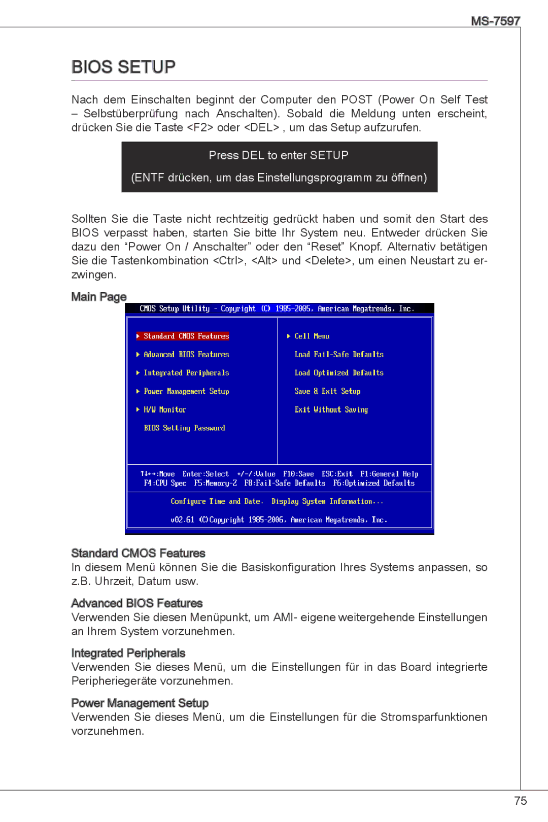 MSI GF615M-P33 manual Bios Setup 