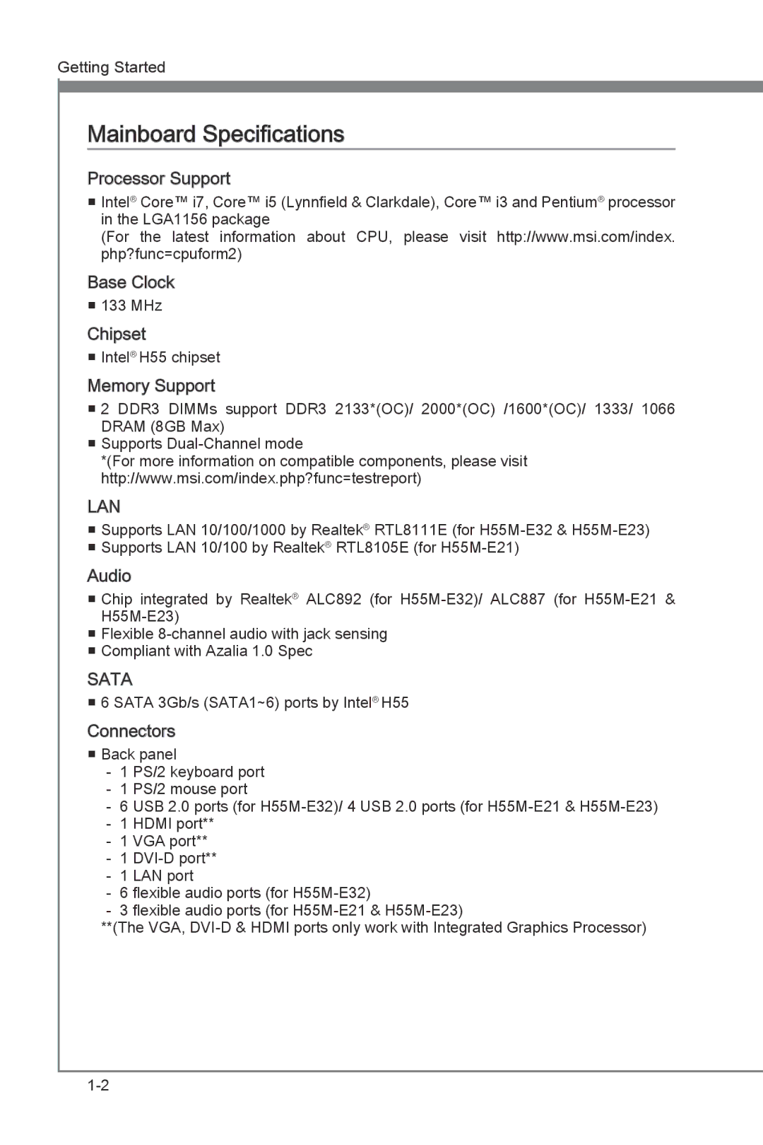 MSI H55M-E21 manual Mainboard Specifications, Processor Support 