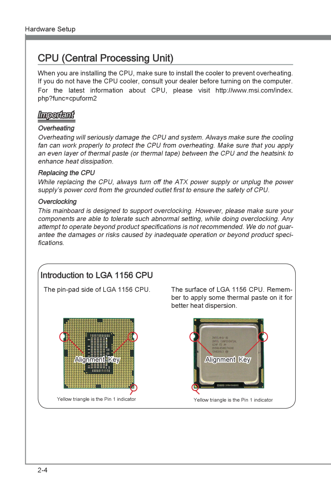 MSI H55M-E21 manual CPU Central Processing Unit, Introduction to LGA 1156 CPU 