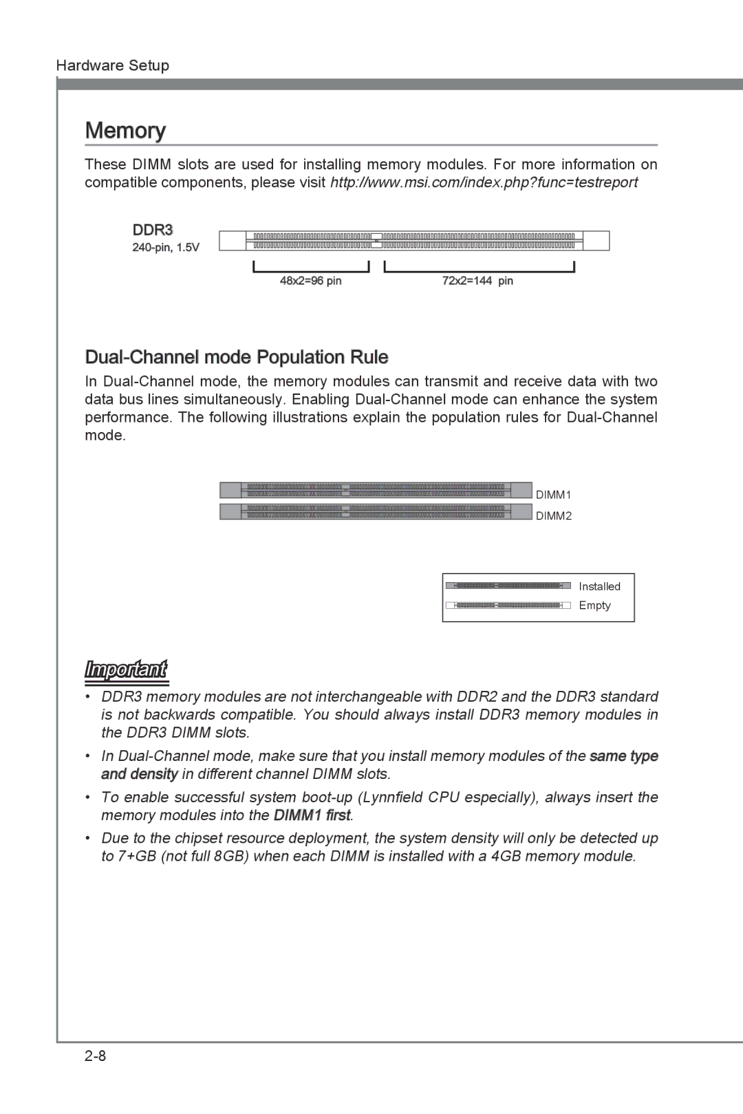 MSI H55M-E21 manual Memory, Dual -Channel mode Population Rule 