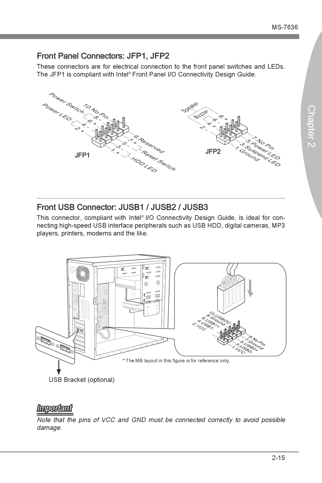 MSI H55M-E21 manual Front Panel Connectors JFP1, JFP2, Front USB Connector JUSB1 / JUSB2 / JUSB3 