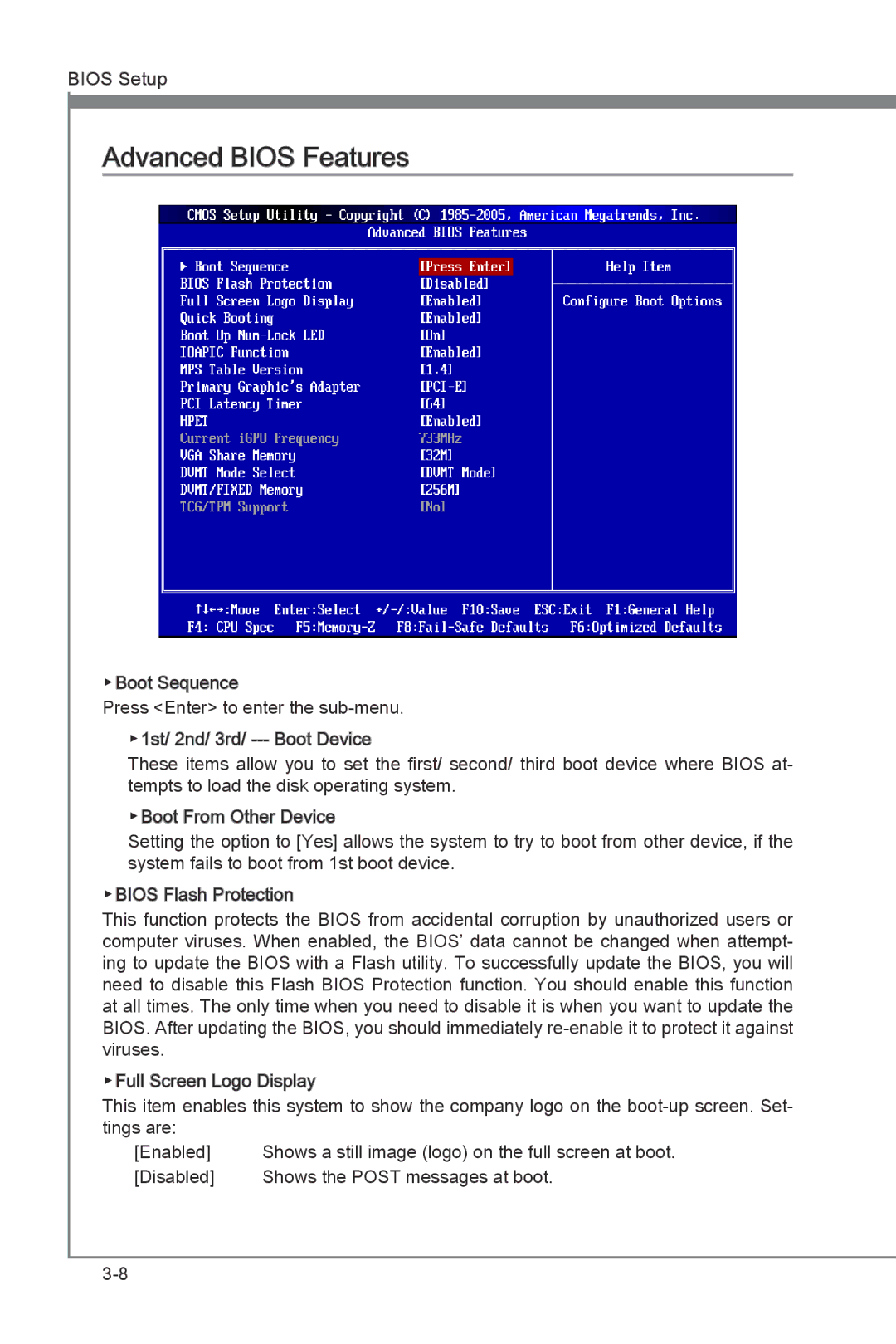 MSI H55M-E21 manual Advanced Bios Features 