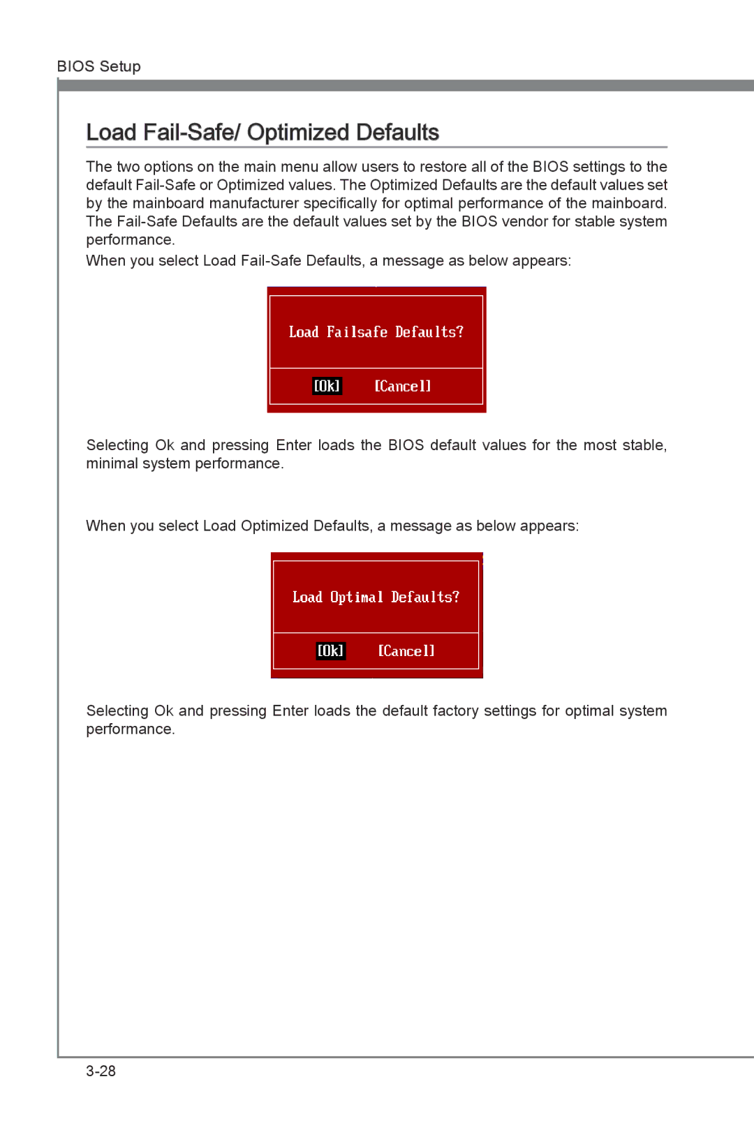 MSI H55M-E21 manual Load Fail -Safe/ Optimized Defaults 