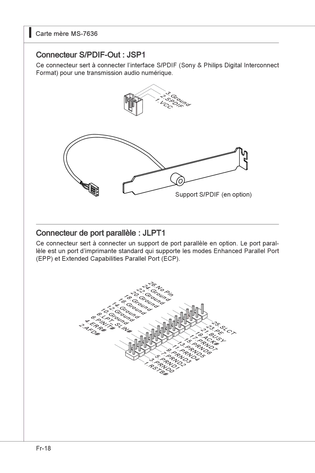 MSI H55M-E33 manual Connecteur S/PDIF -Out JSP1, Connecteur de port parallèle JLPT1 