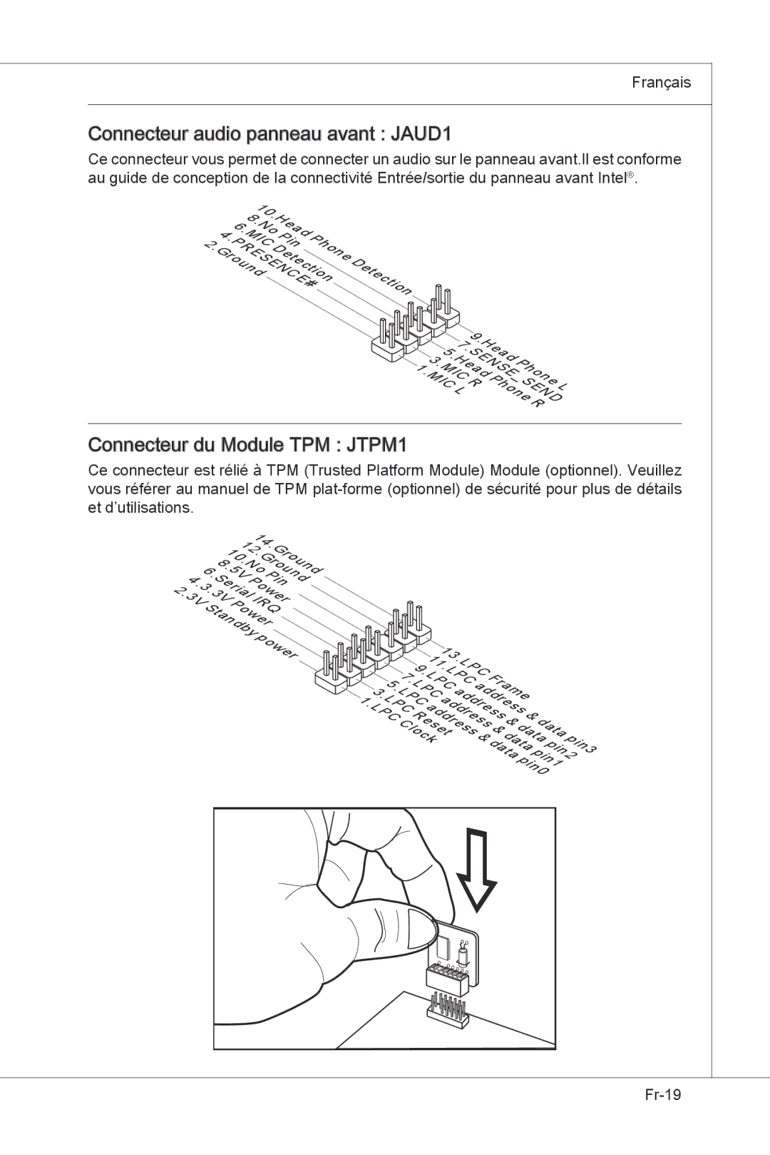 MSI H55M-E33 manual Connecteur audio panneau avant JAUD1, Connecteur du Module TPM JTPM1 