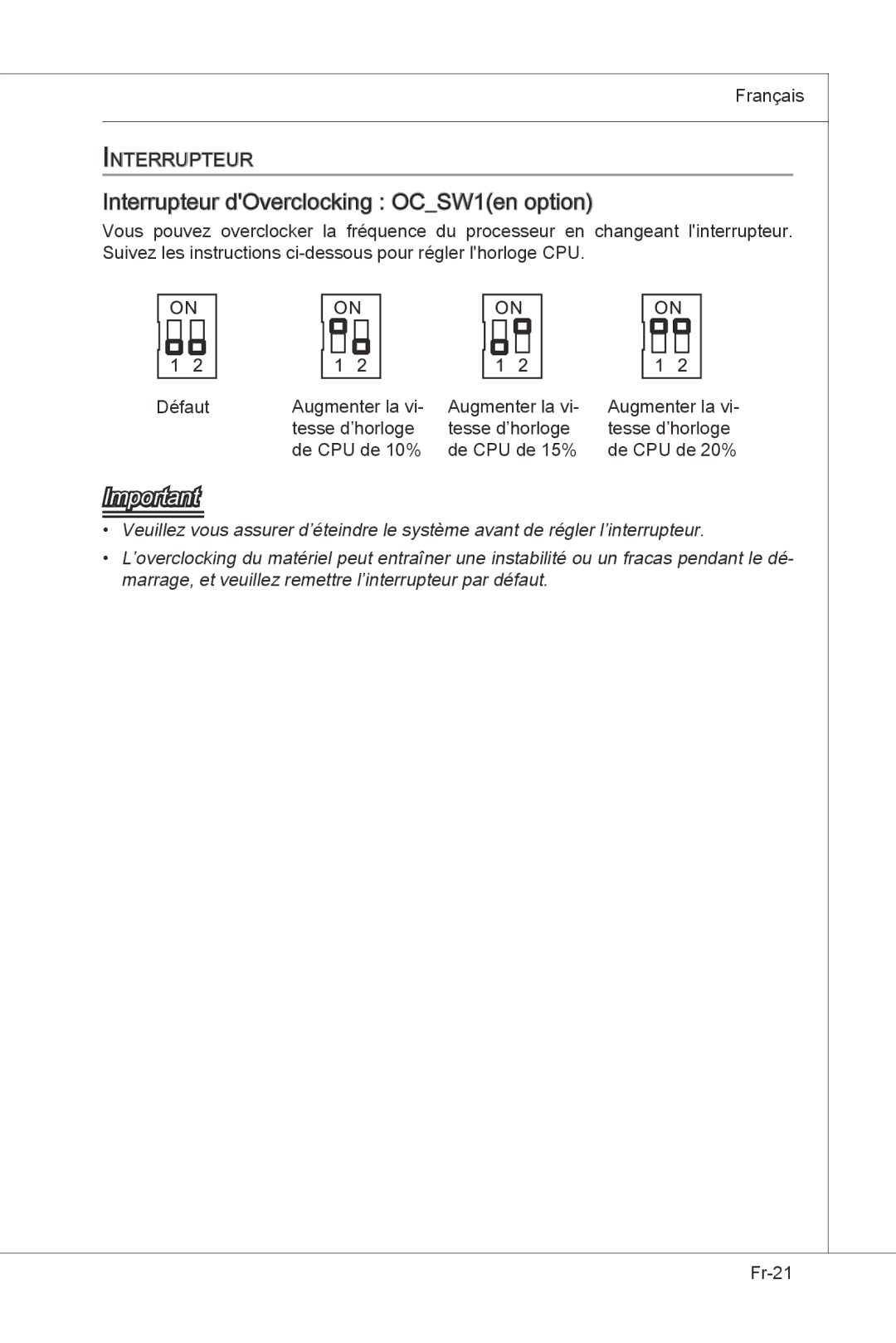 MSI H55M-E33 manual Interrupteur dOverclocking OCSW1en option 