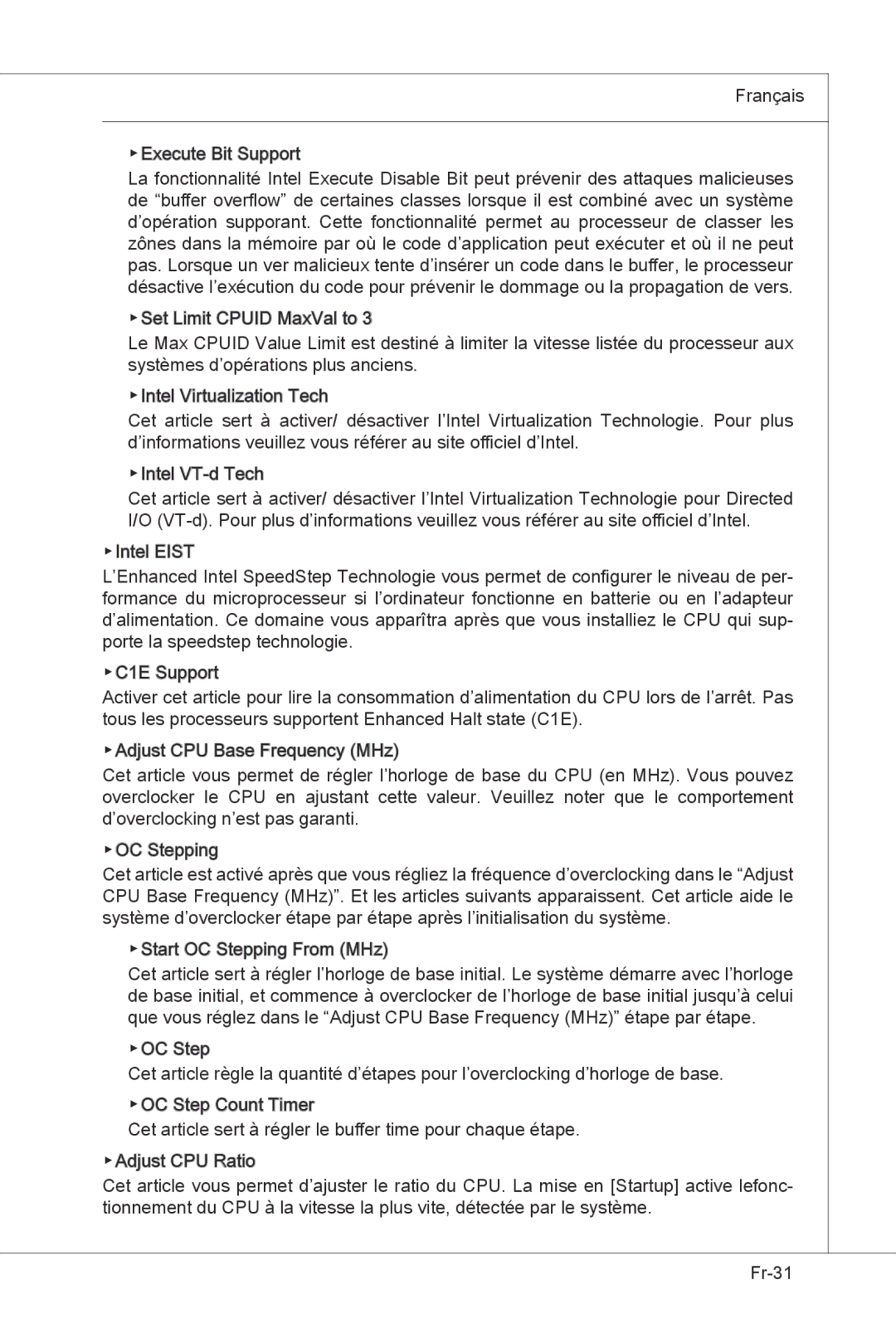 MSI H55M-E33 manual Français Execute Bit Support 