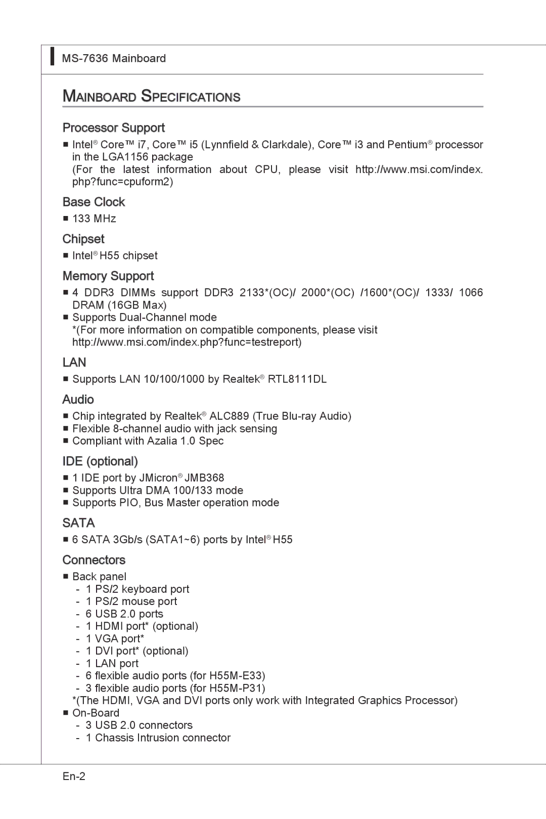 MSI H55M-E33 manual Lan 