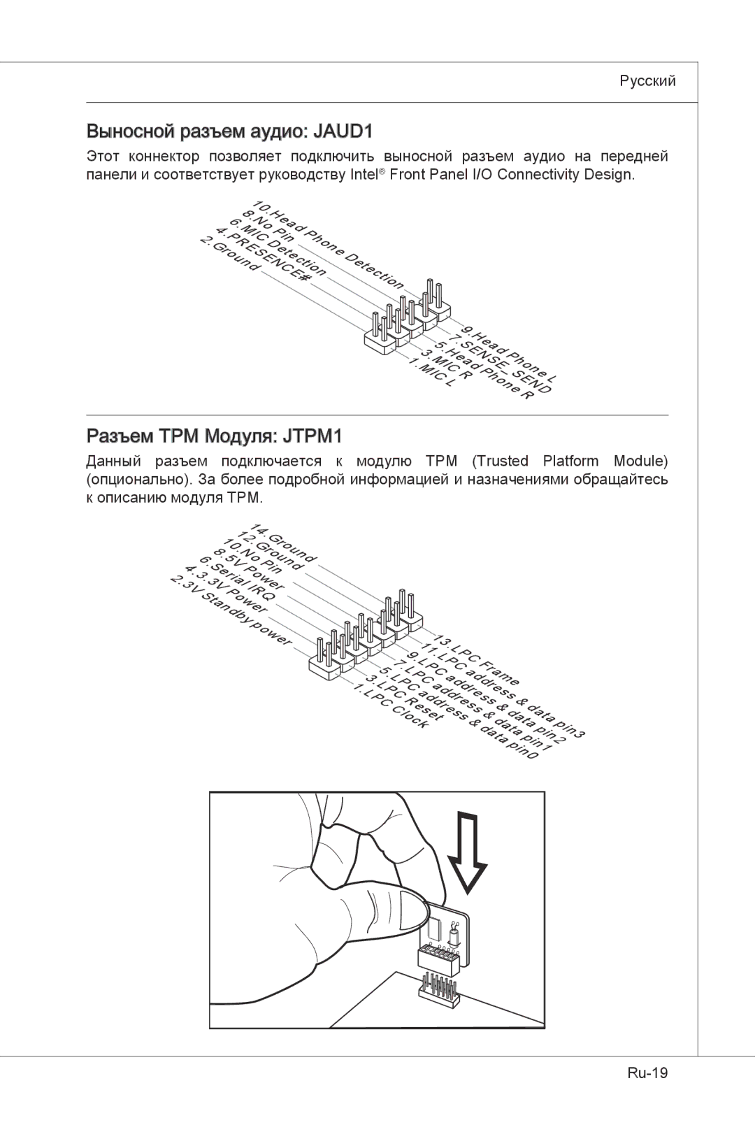 MSI H55M-E33 manual Выносной разъем аудио JAUD1, Разъем TPM Модуля JTPM1 