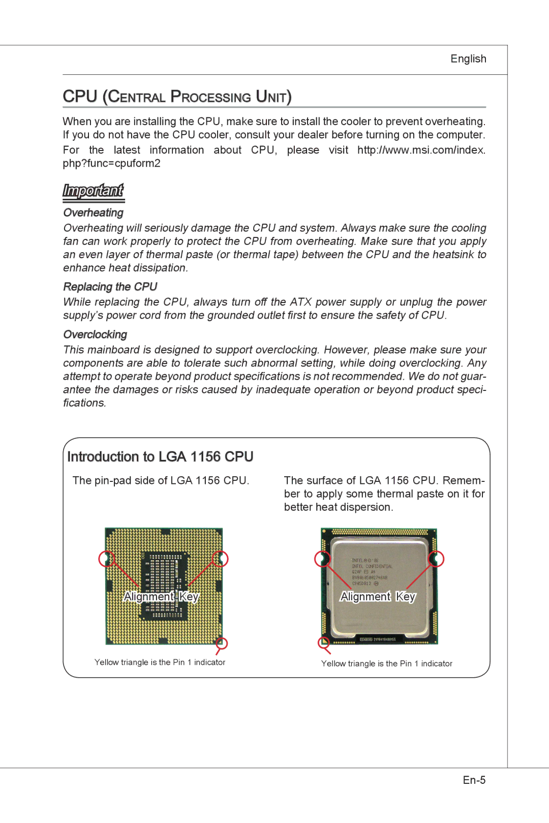 MSI H55M-E33 manual Introduction to LGA 1156 CPU 