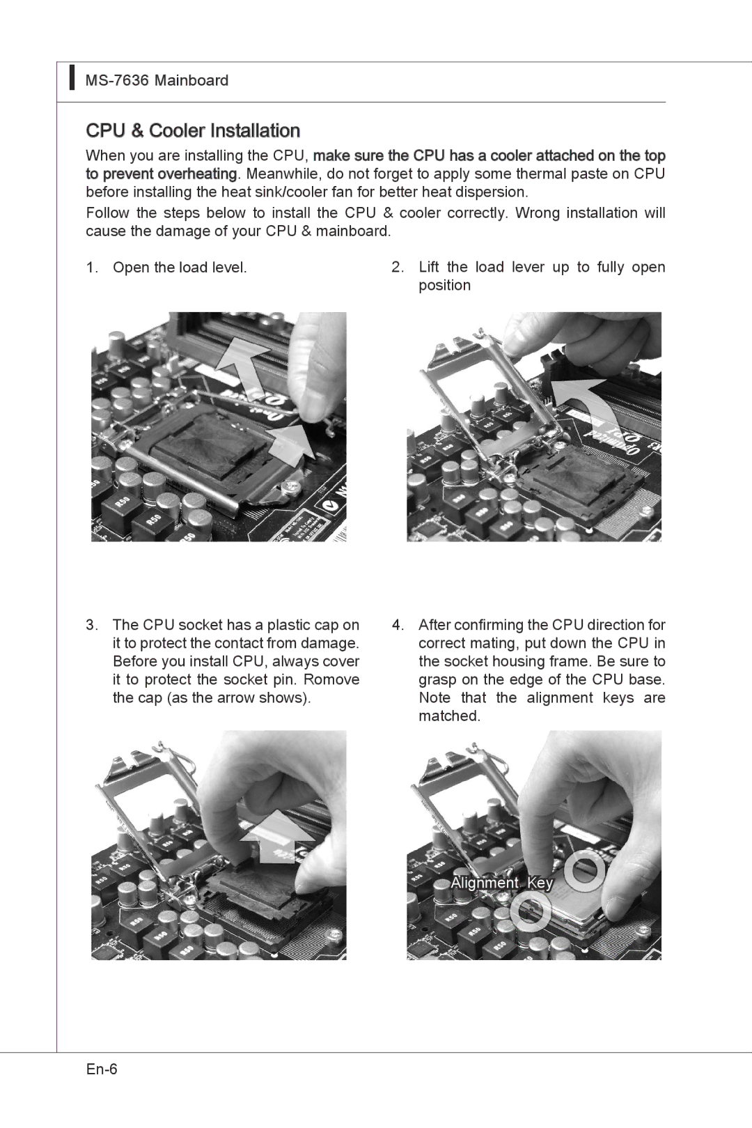 MSI H55M-E33 manual CPU & Cooler Installation, Alignment Key 