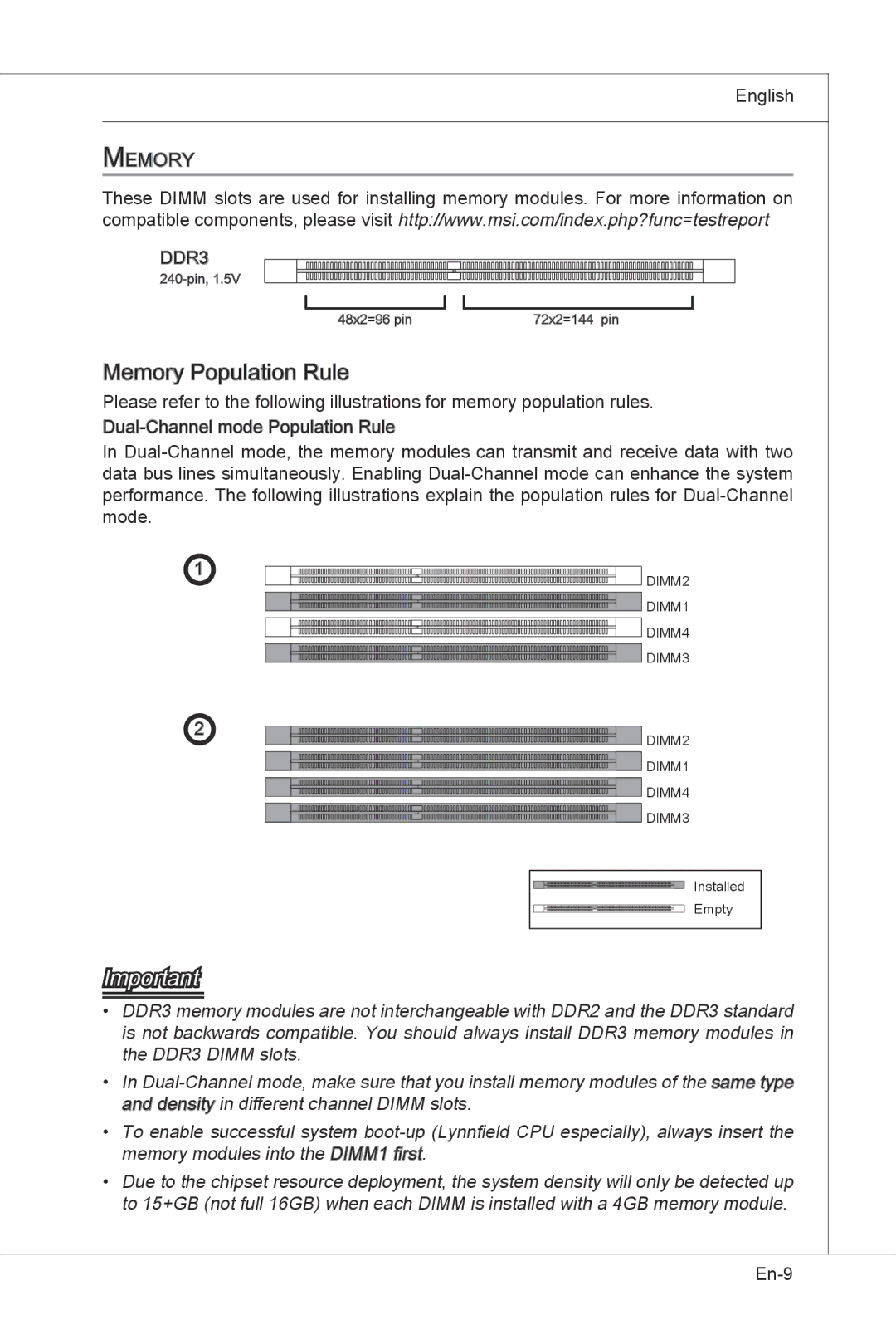 MSI H55M-E33 manual Memory Population Rule 