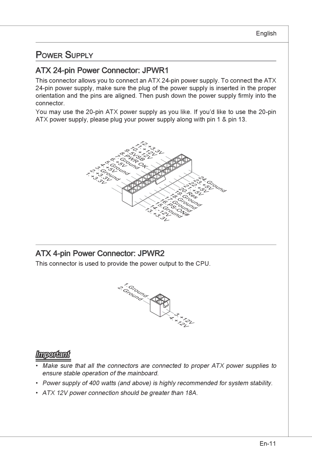 MSI H55M-E33 manual ATX 24-pin Power Connector JPWR1, ATX 4-pin Power Connector JPWR2 