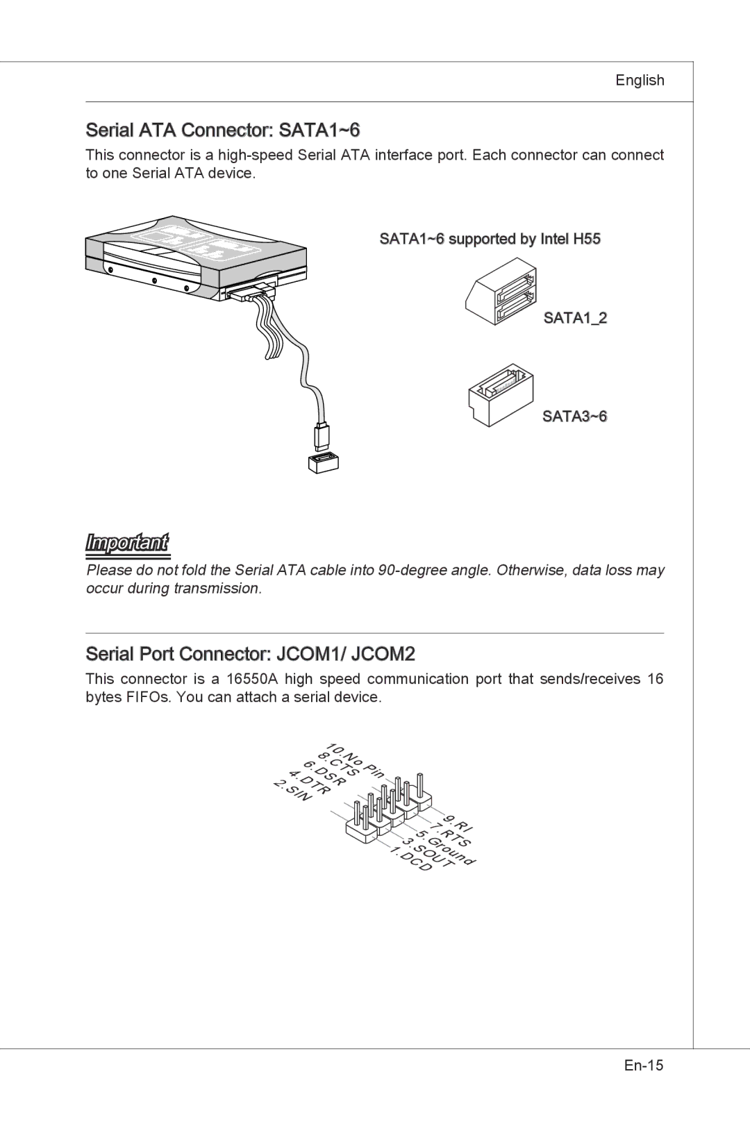 MSI H55M-E33 manual Serial ATA Connector SATA1~6, Serial Port Connector JCOM1/ JCOM2 