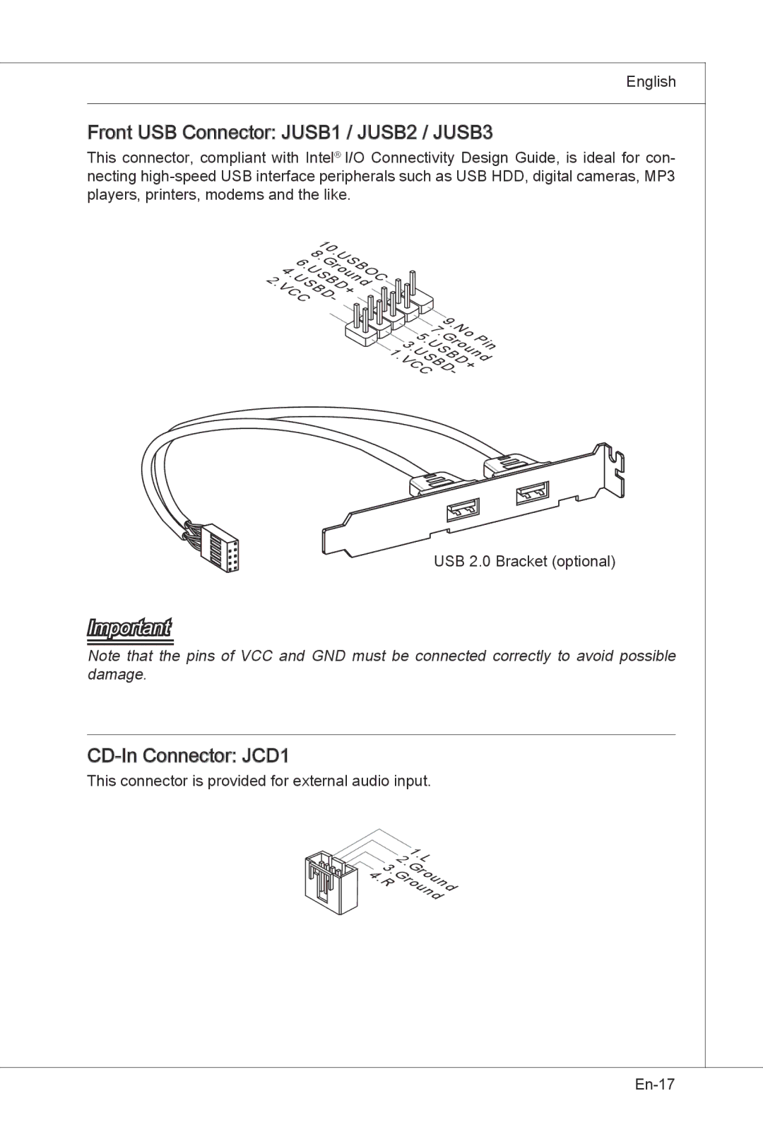 MSI H55M-E33 manual Front USB Connector JUSB1 / JUSB2 / JUSB3, CD-In Connector JCD1 