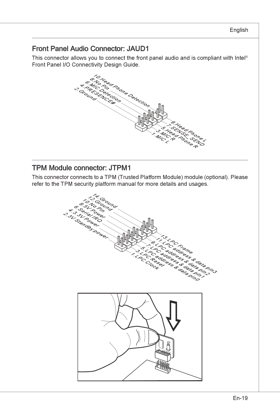 MSI H55M-E33 manual Front Panel Audio Connector JAUD1, TPM Module connector JTPM1 