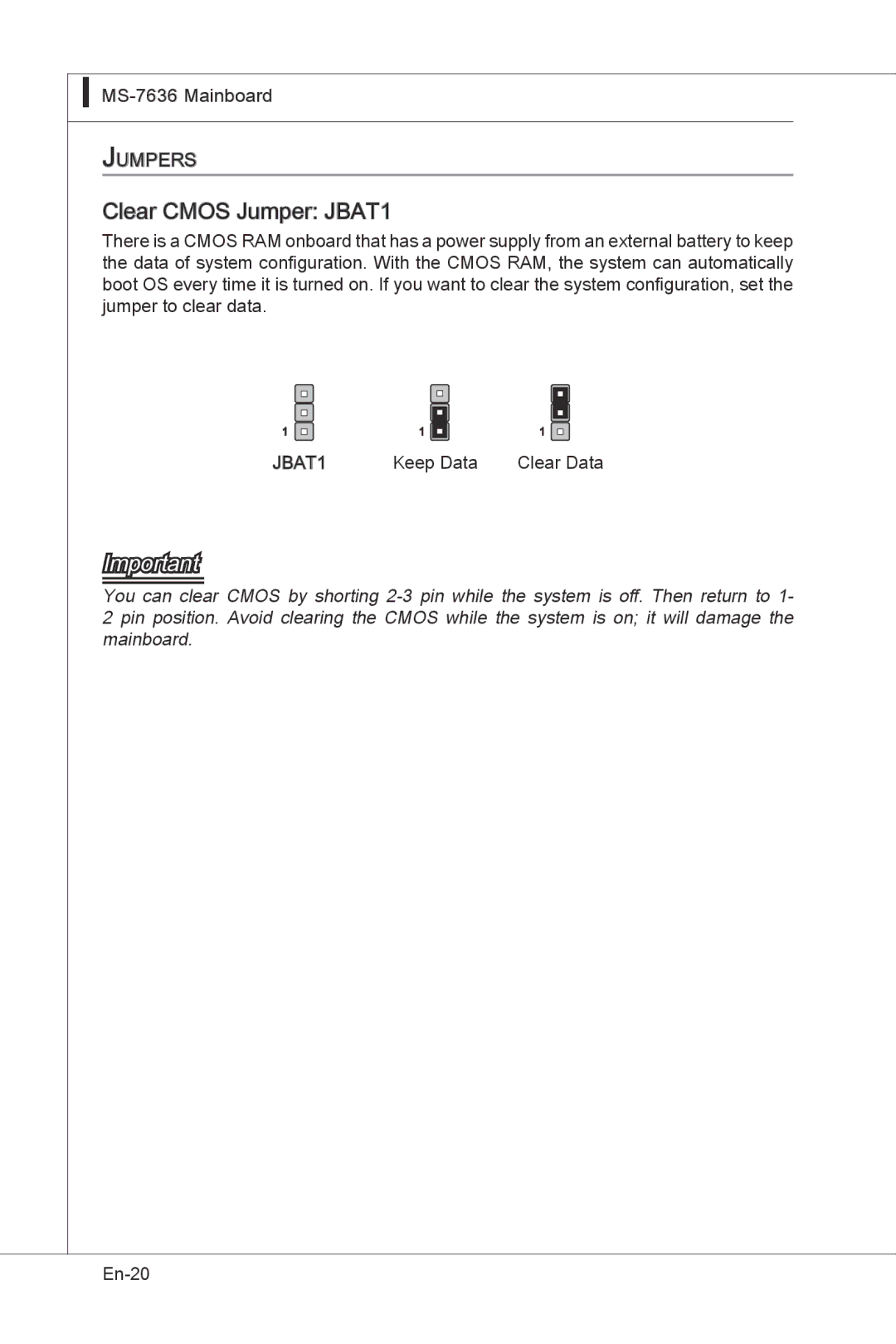 MSI H55M-E33 manual Clear Cmos Jumper JBAT1 