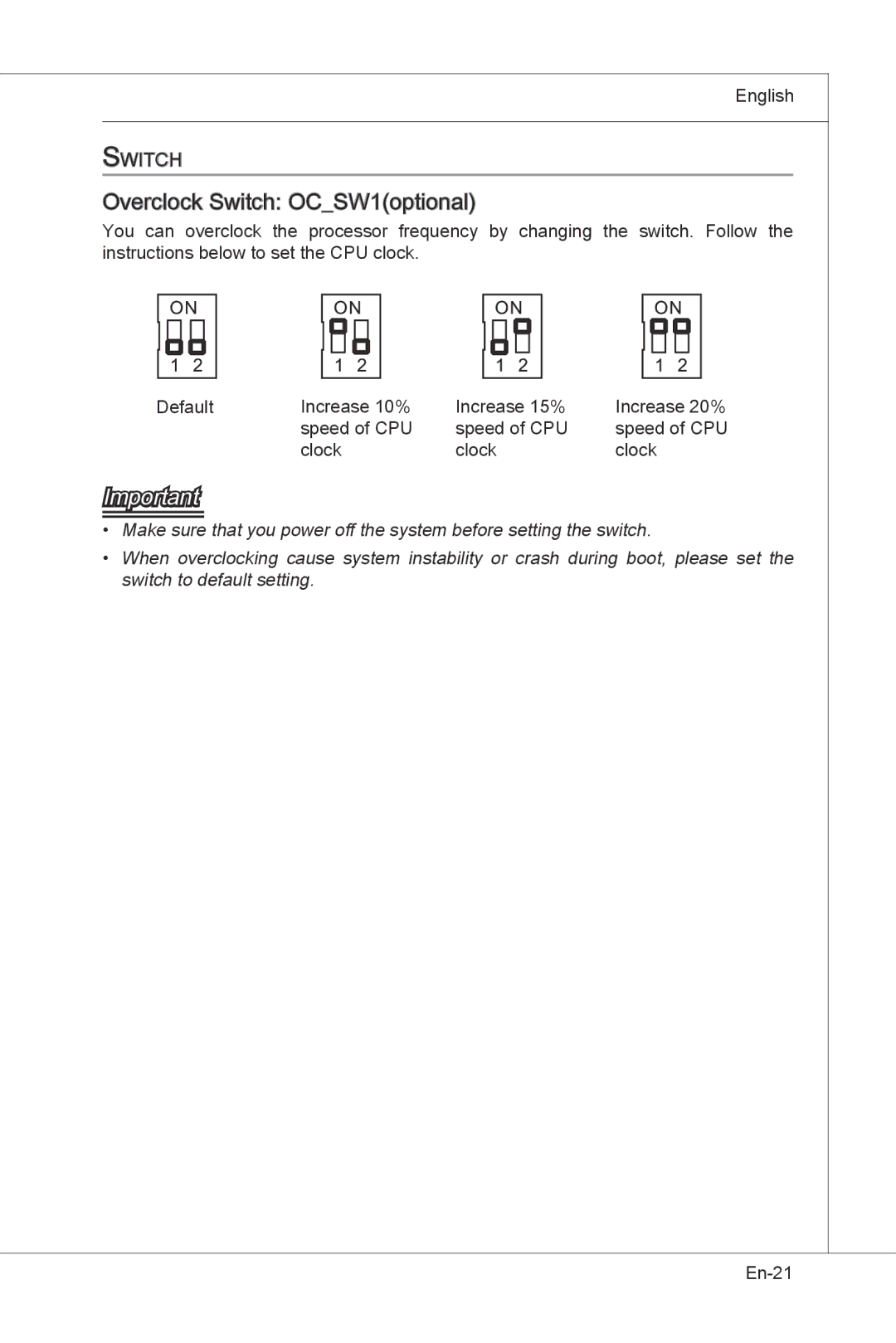 MSI H55M-E33 manual Overclock Switch OCSW1optional 