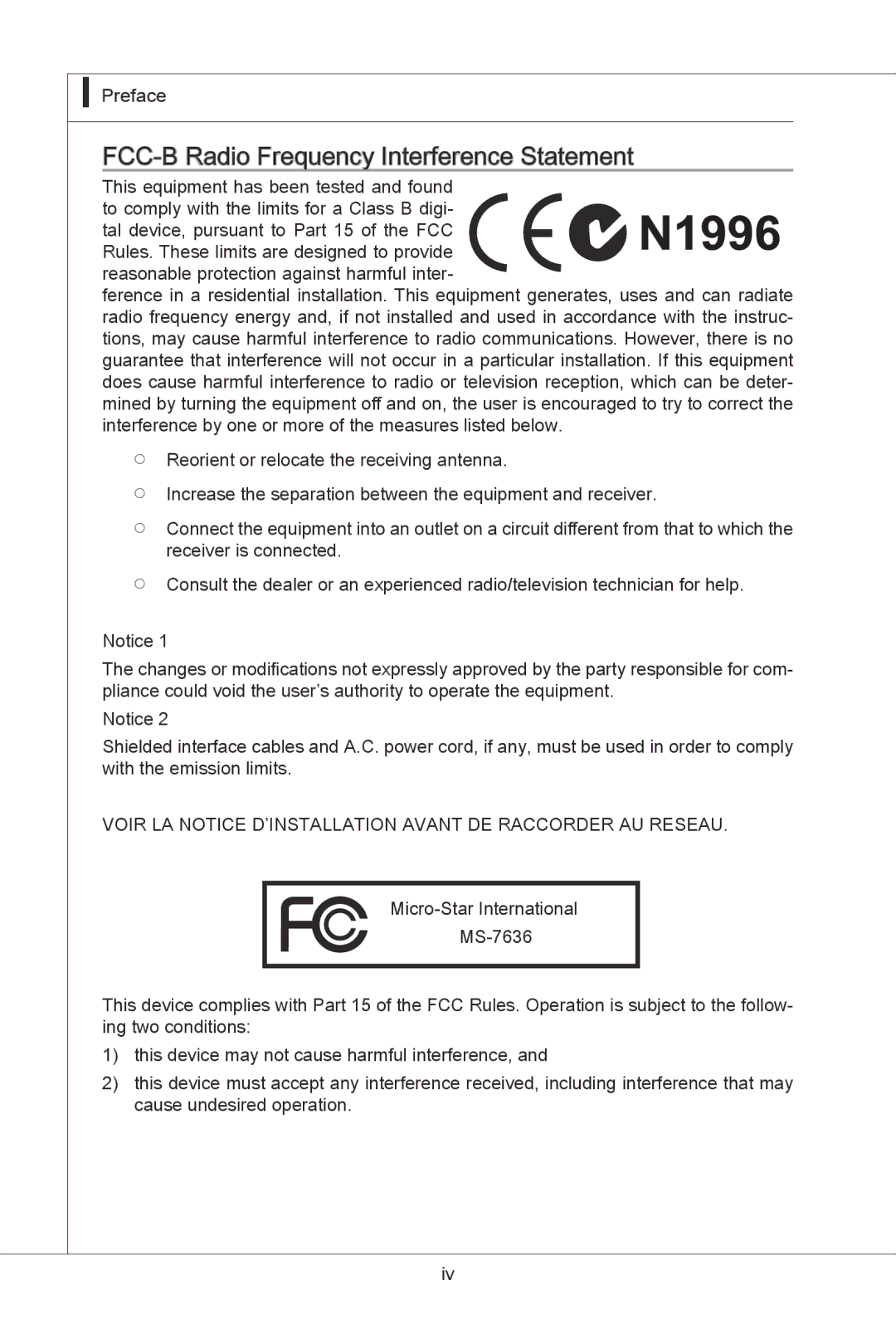 MSI H55M-E33 manual FCC-B Radio Frequency Interference Statement 