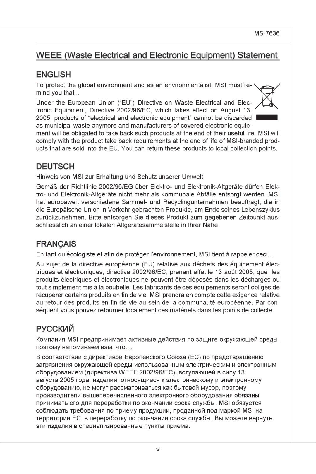 MSI H55M-E33 manual Weee Waste Electrical and Electronic Equipment Statement 