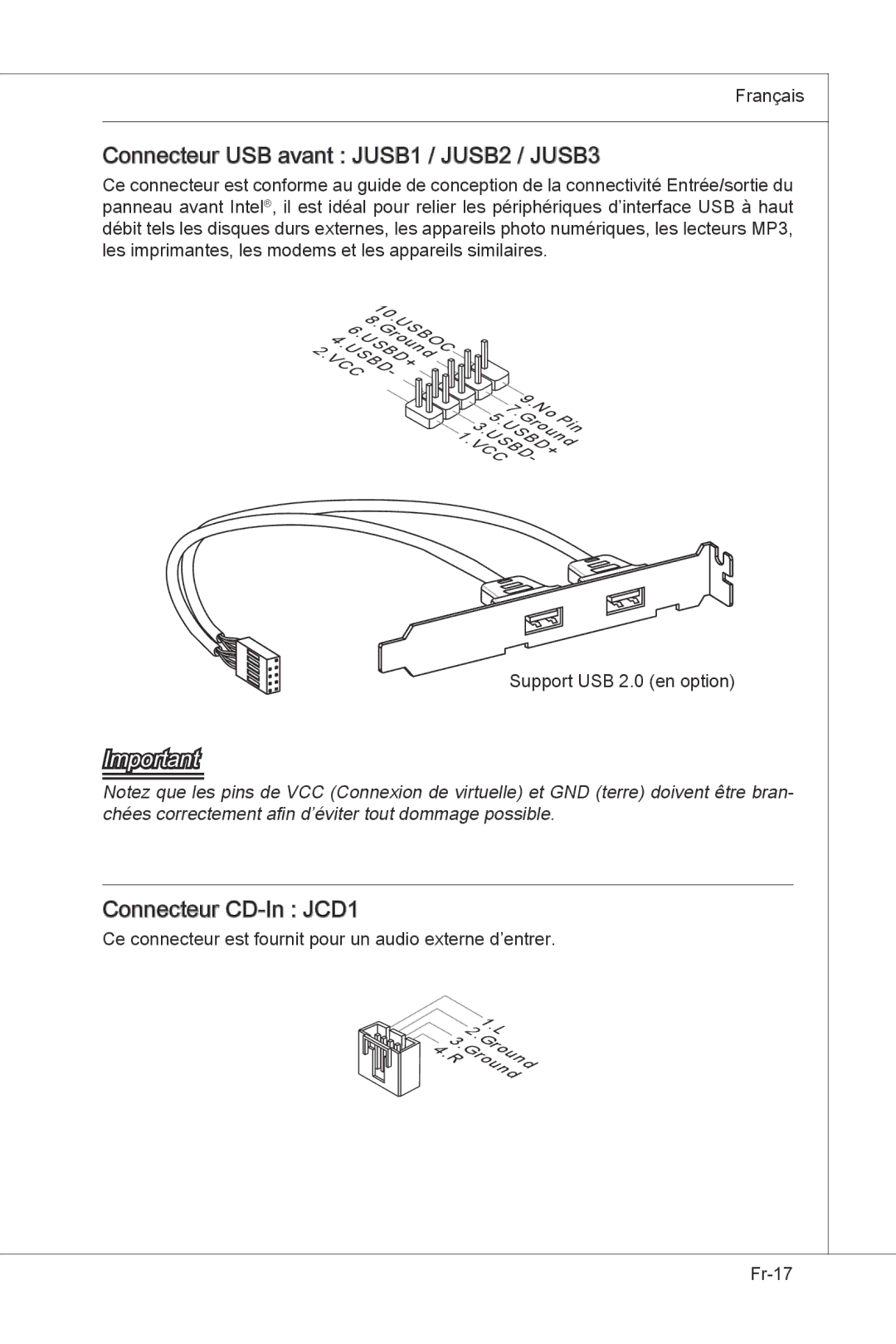 MSI H55M-E33 manual Connecteur USB avant JUSB1 / JUSB2 / JUSB3, Connecteur CD-In JCD1 