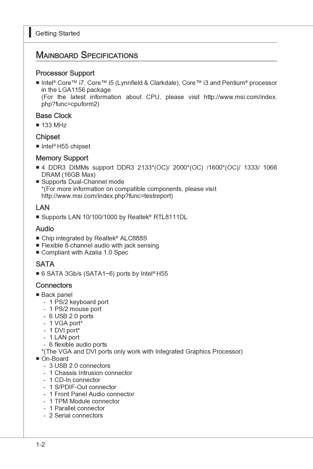 MSI H55M-P33 manual Lan 