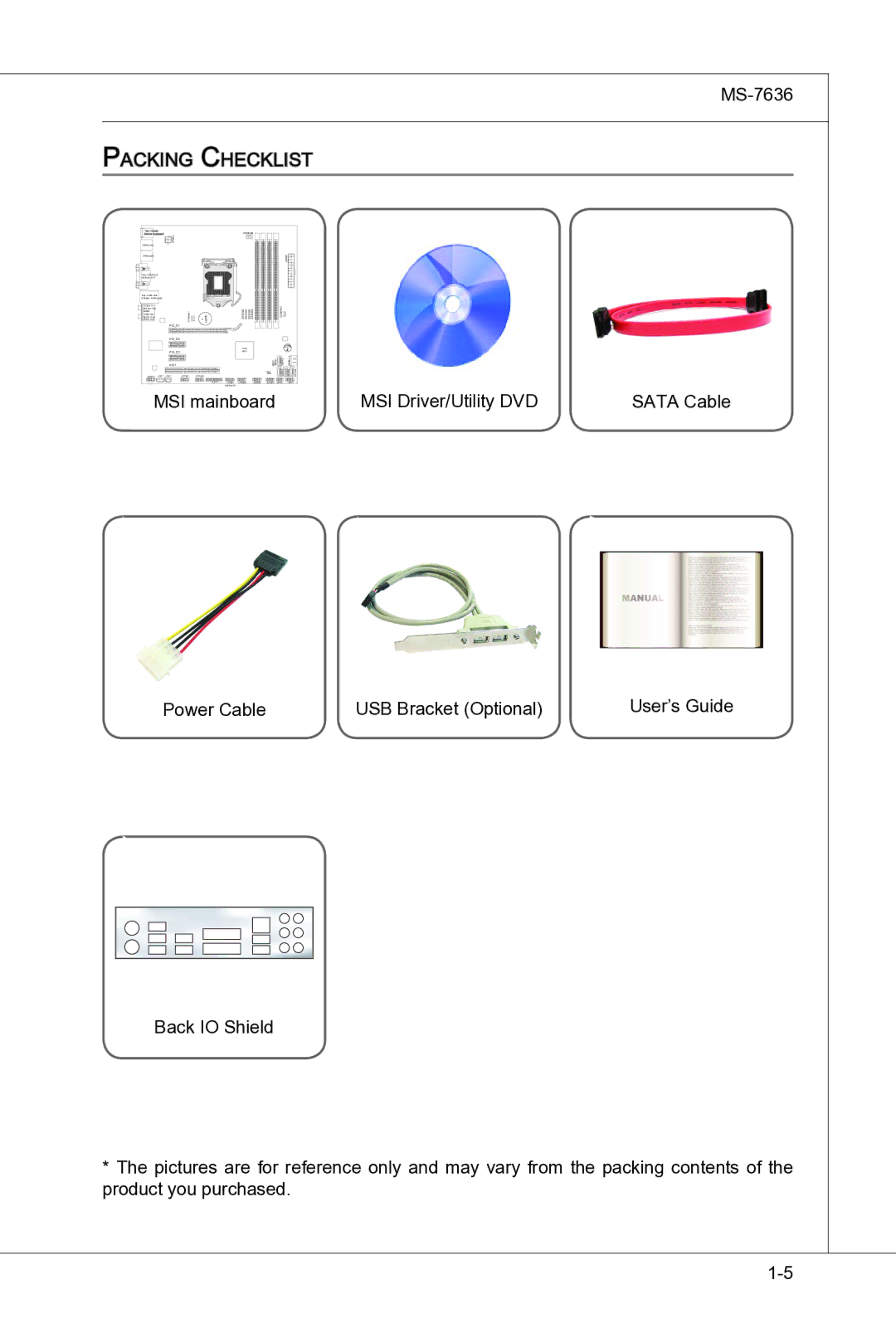 MSI H55M-P33 manual MS-7636 Packing Checklist 