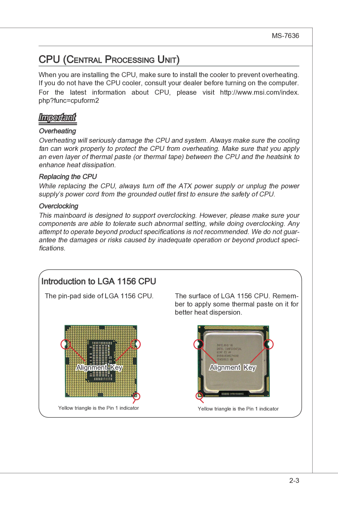 MSI H55M-P33 manual Introduction to LGA 1156 CPU 