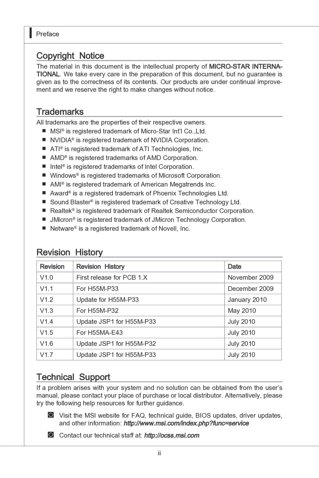 MSI H55M-P33 manual Copyright Notice 