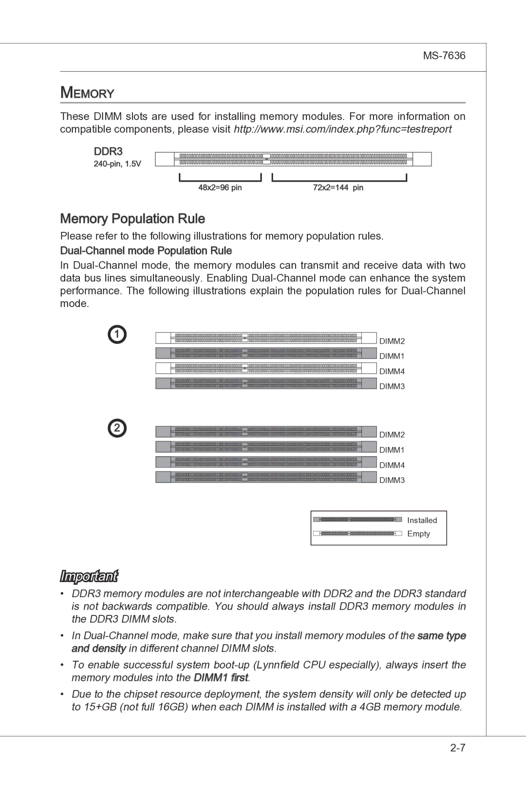 MSI H55M-P33 manual Memory Population Rule 