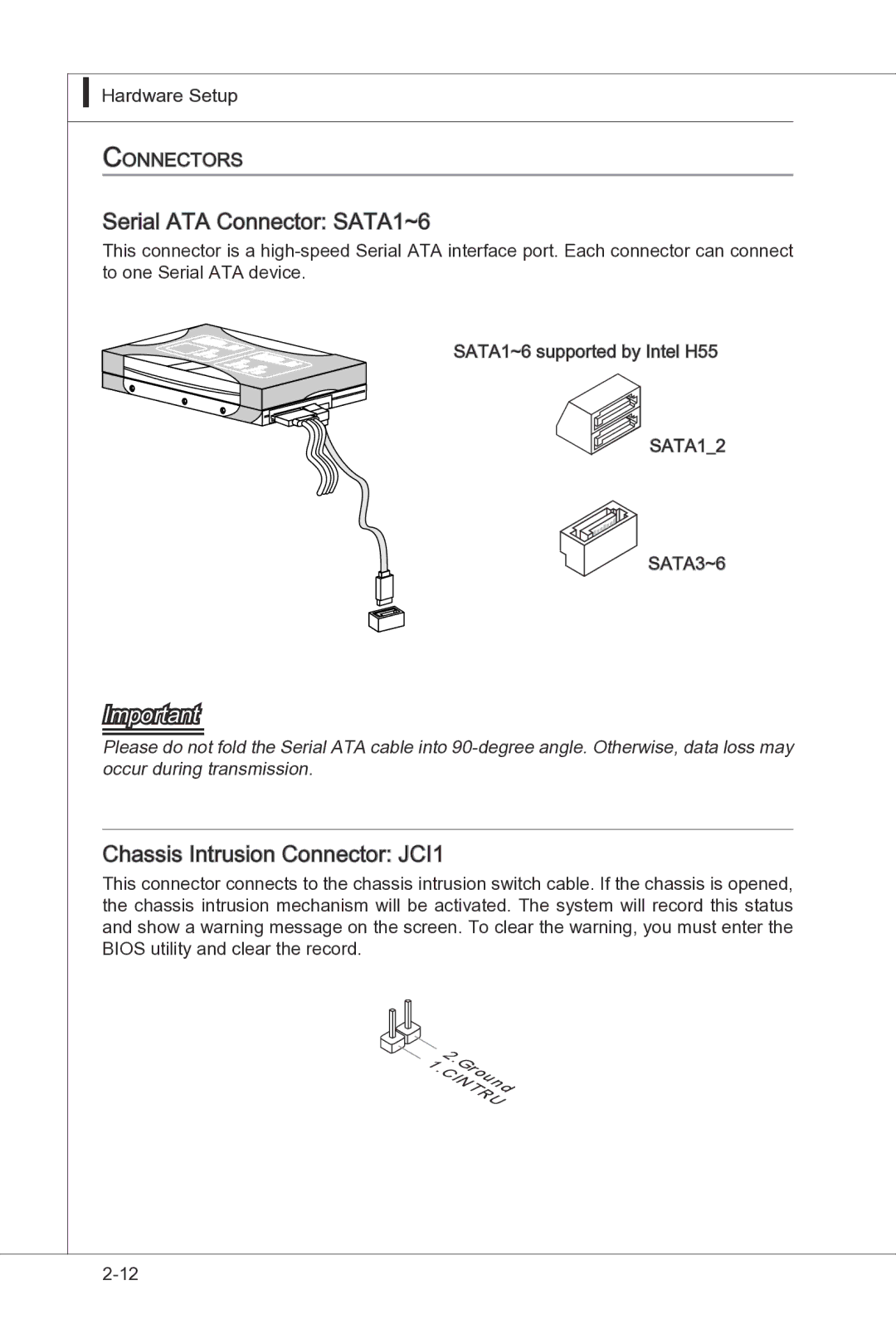 MSI H55M-P33 manual Serial ATA Connector SATA1~6, Chassis Intrusion Connector JCI1 