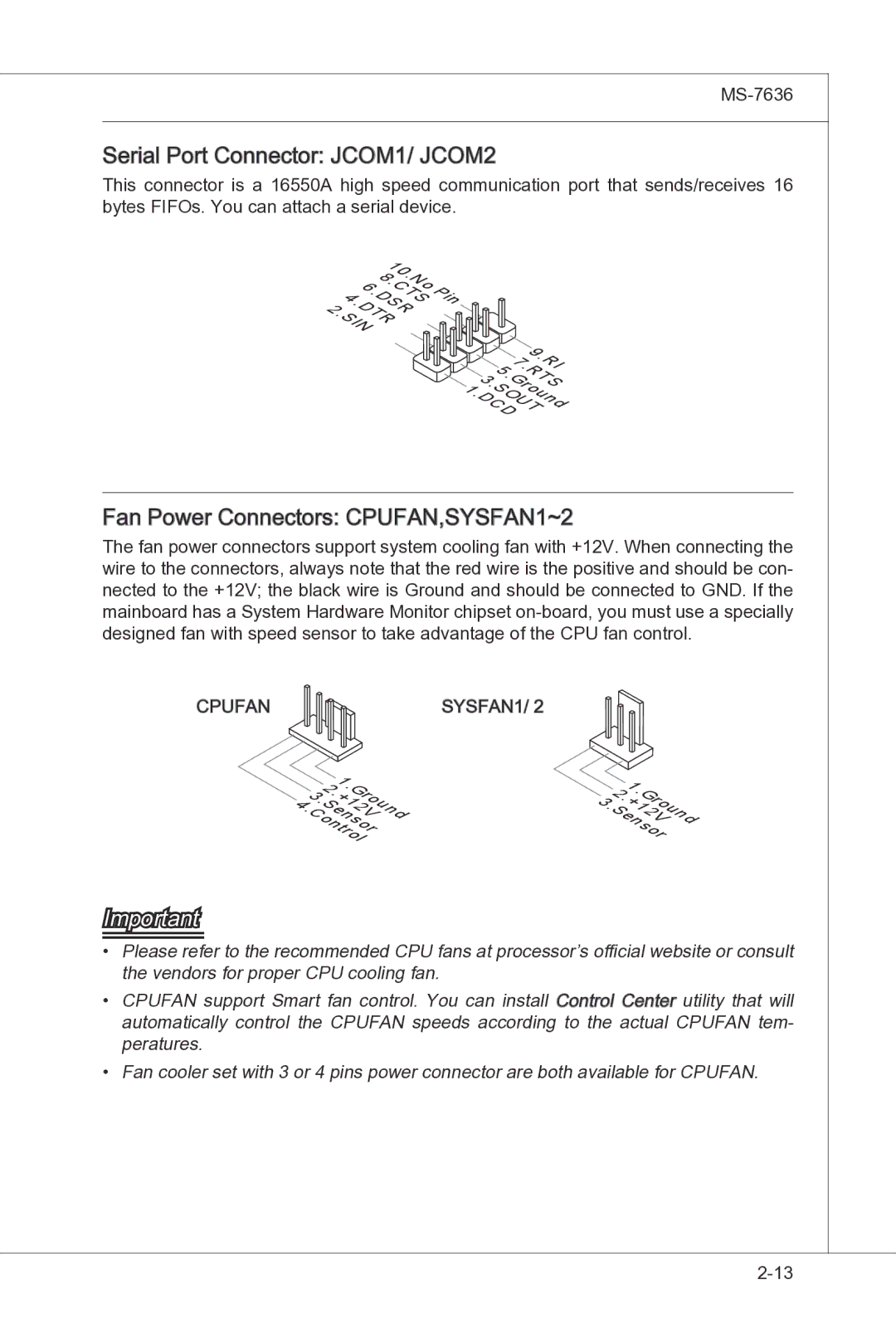 MSI H55M-P33 manual Serial Port Connector JCOM1/ JCOM2, Fan Power Connectors CPUFAN,SYSFAN1~2 