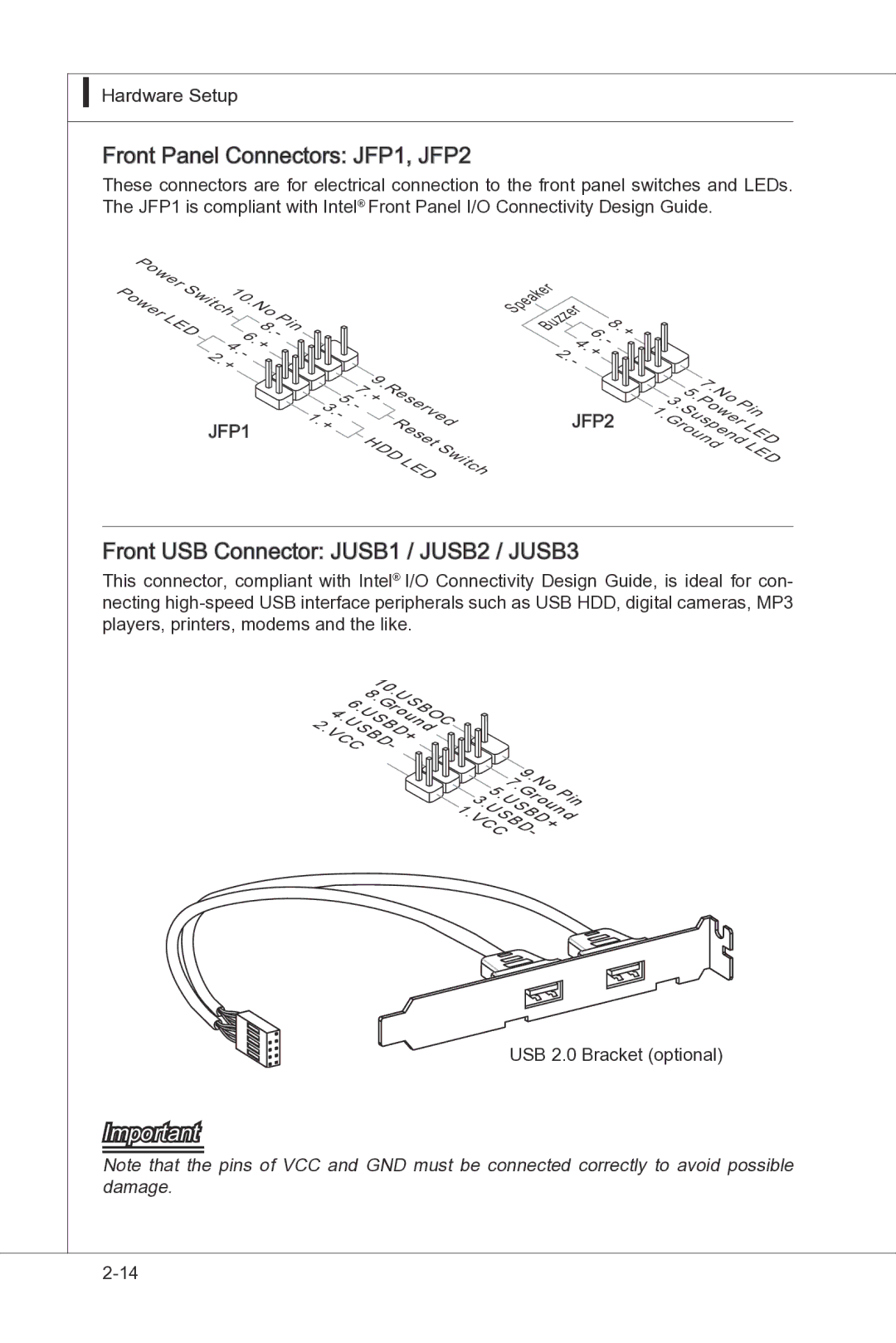 MSI H55M-P33 manual Front Panel Connectors JFP1, JFP2, Front USB Connector JUSB1 / JUSB2 / JUSB3 