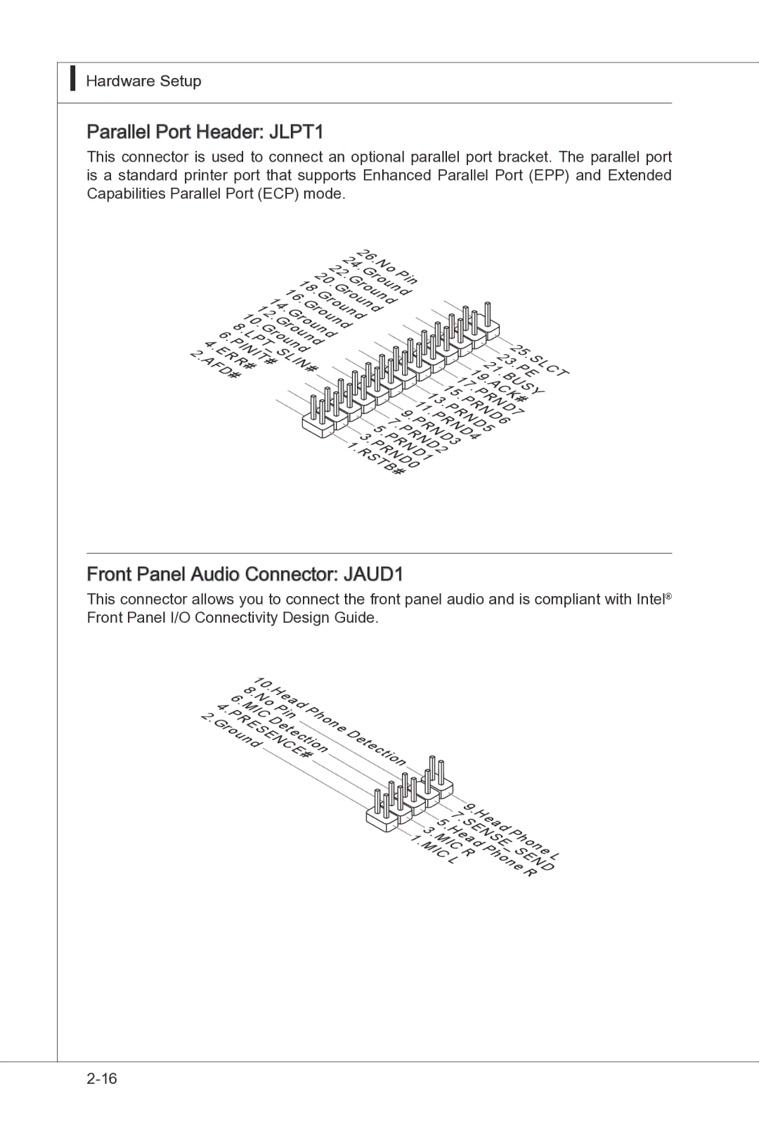 MSI H55M-P33 manual Parallel Port Header JLPT1, Front Panel Audio Connector JAUD1 