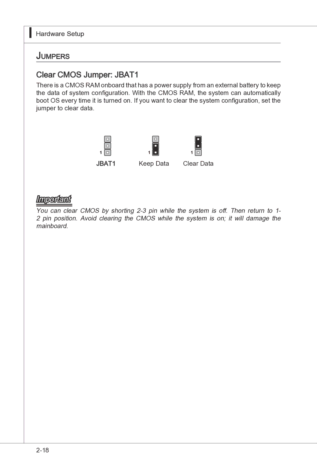 MSI H55M-P33 manual Clear Cmos Jumper JBAT1 