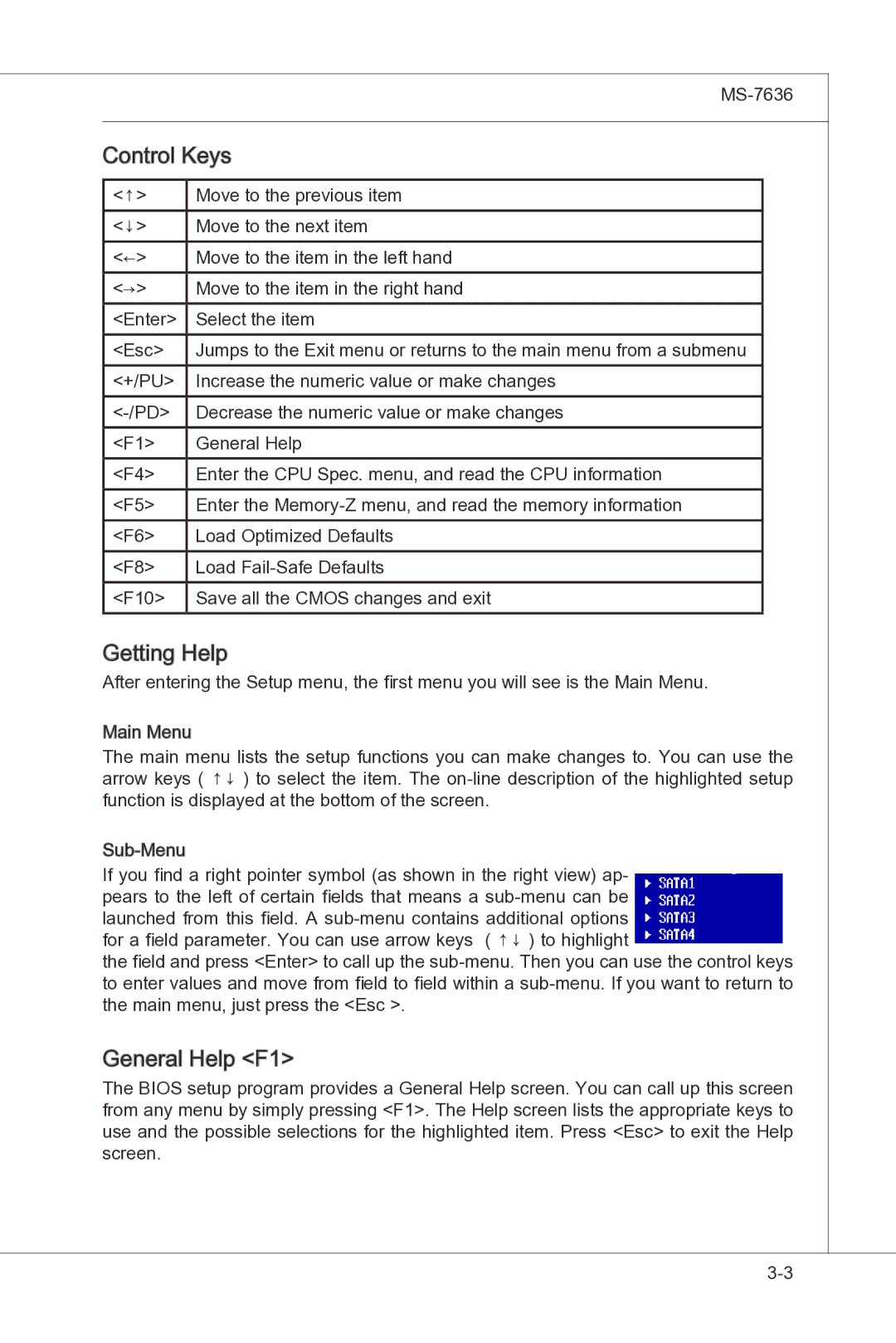 MSI H55M-P33 manual Control Keys, Getting Help, General Help F1 