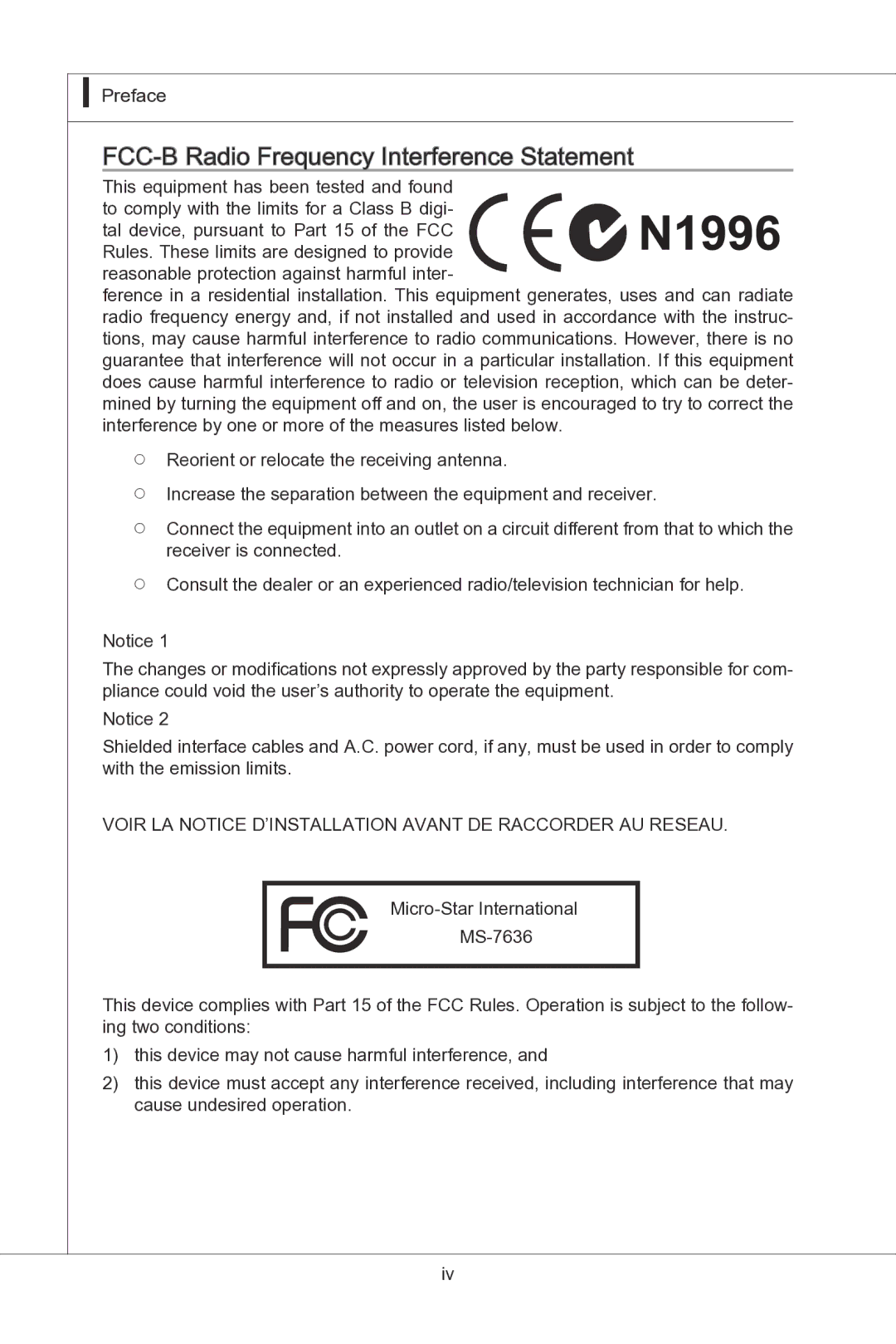 MSI H55M-P33 manual FCC-B Radio Frequency Interference Statement 