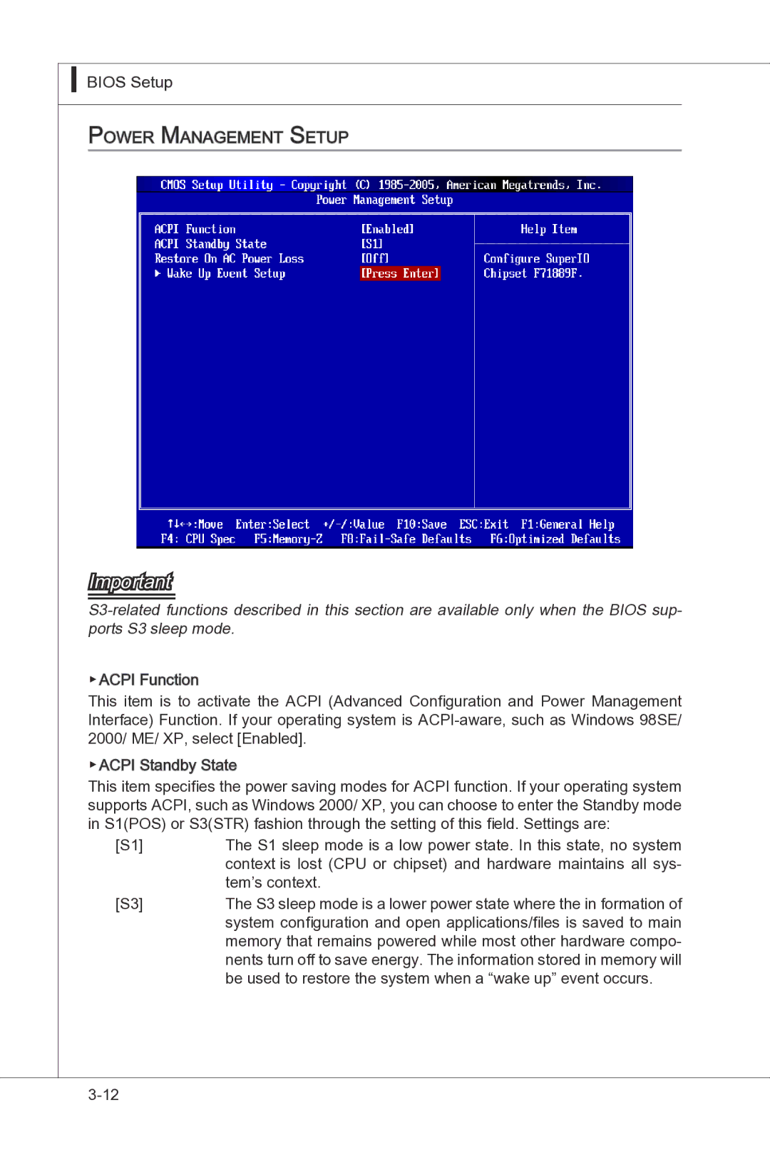 MSI H55M-P33 manual Bios Setup Power Management Setup 