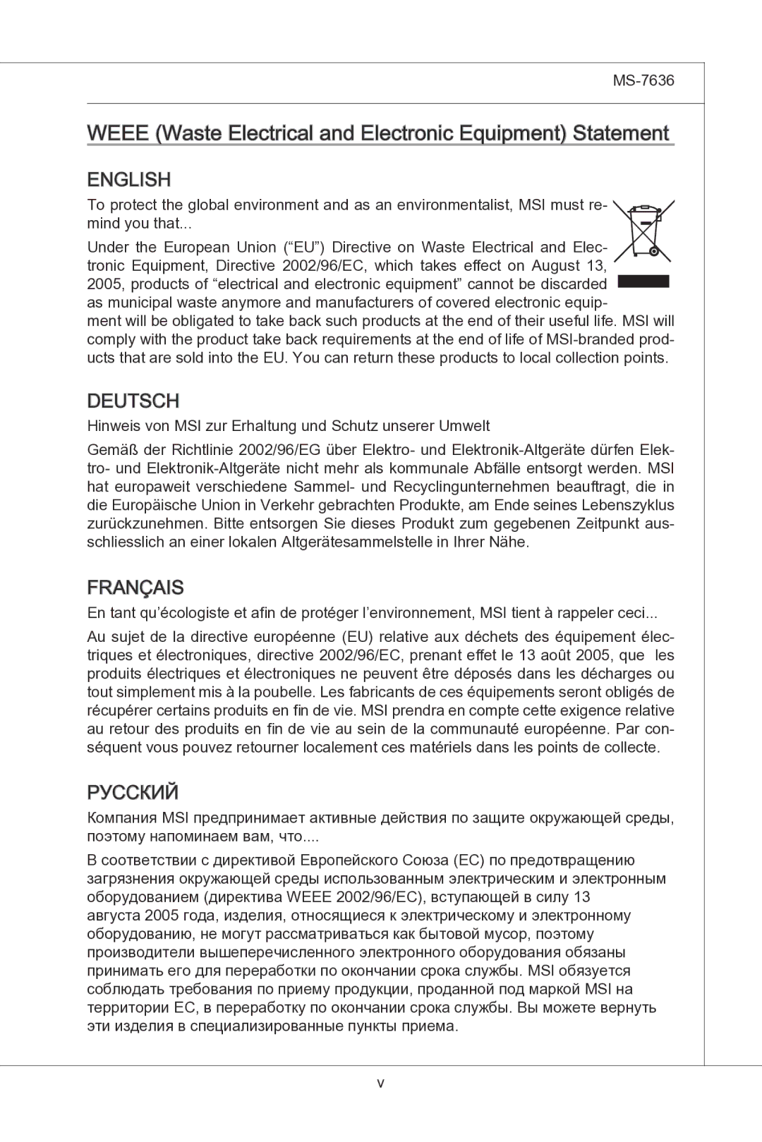 MSI H55M-P33 manual Weee Waste Electrical and Electronic Equipment Statement 