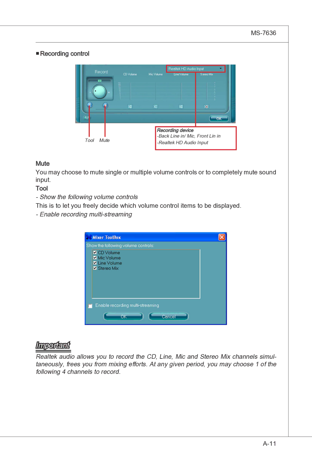 MSI H55M-P33 manual MS-7636 Recording control 