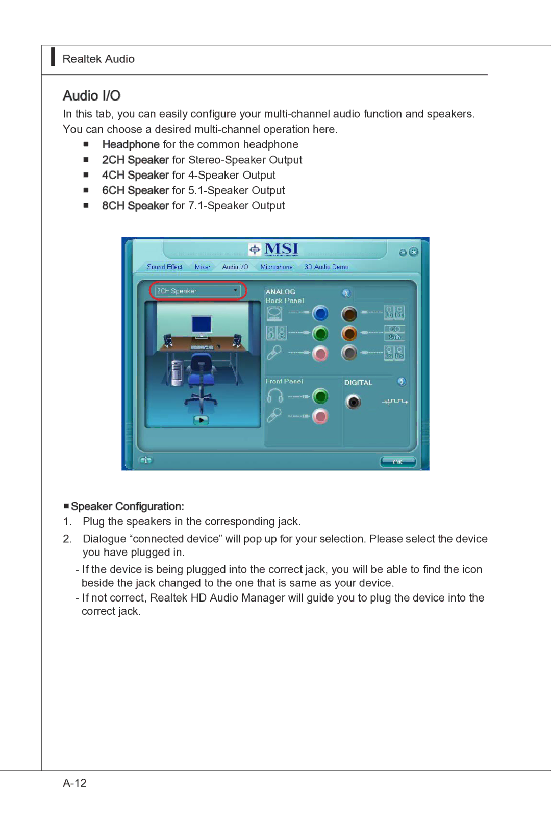 MSI H55M-P33 manual Audio I/O 